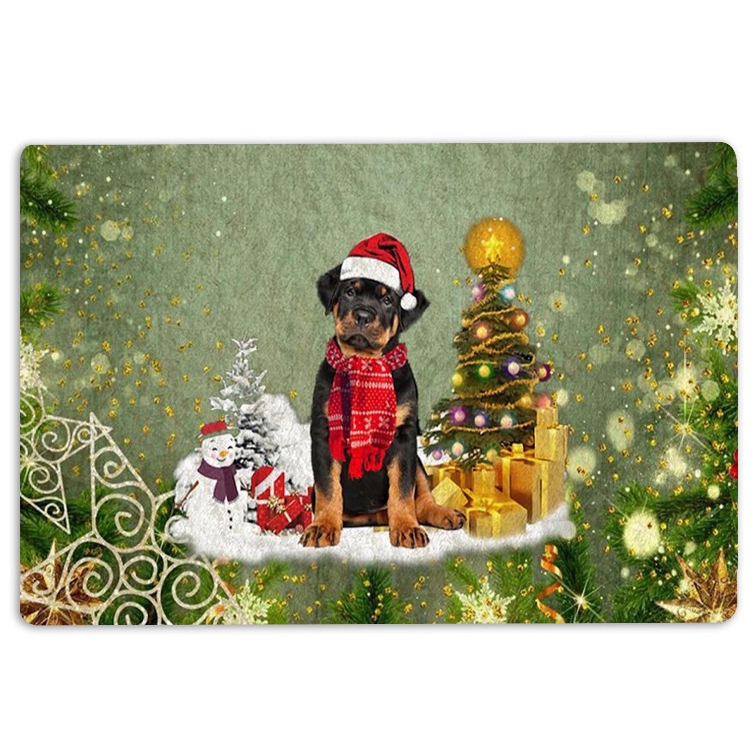 Rottweiler Rubber Doormat, Rottweiler Dog Merry Christmas Snow Christmas Tree Xmas Holidays Welcome Doormat, Indoor Outdoor Door Mat, Home Decor