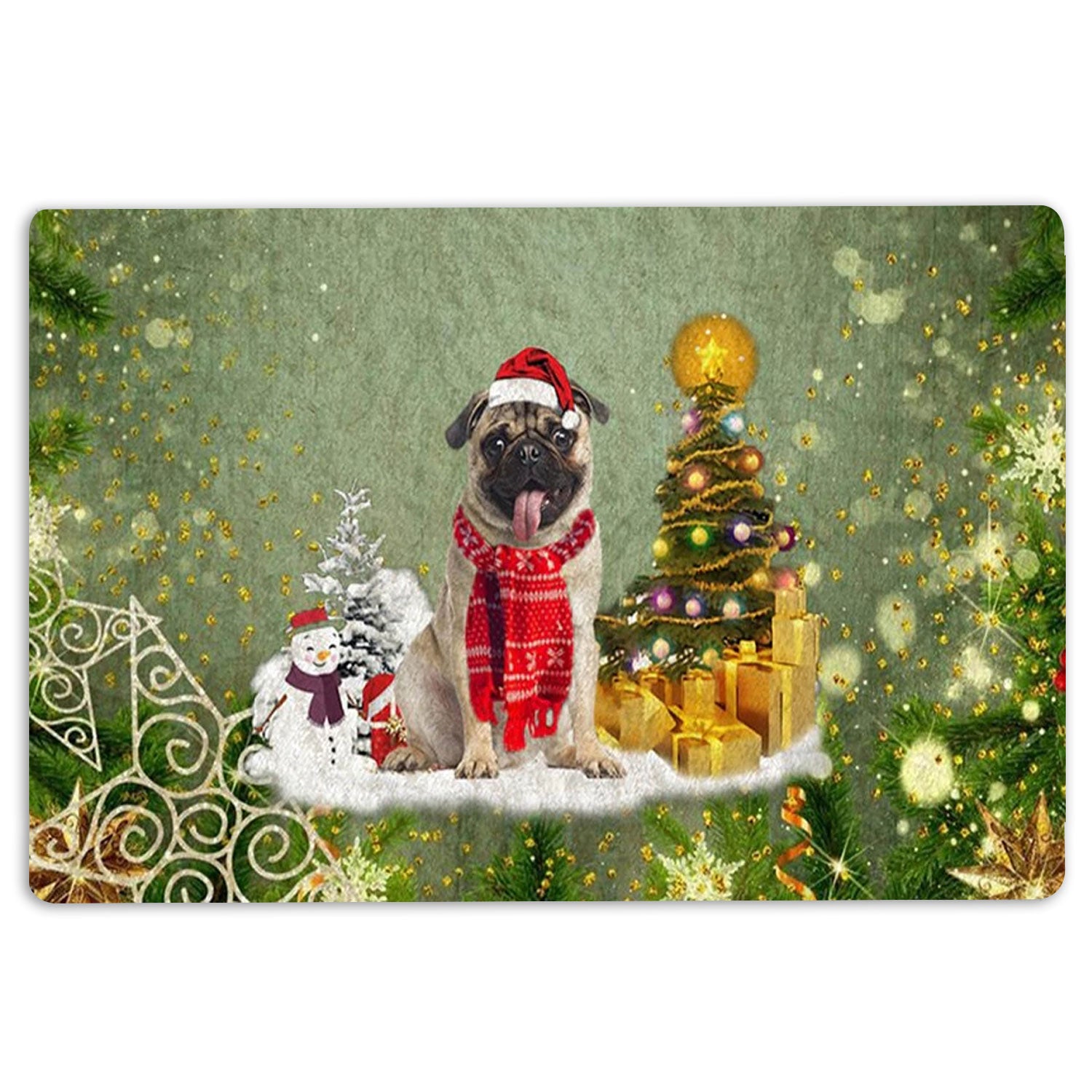 Pug Rubber Doormat, Pug Dog Merry Christmas Snow Christmas Tree Xmas Holidays Welcome Doormat, Indoor Outdoor Door Mat, Home Decor