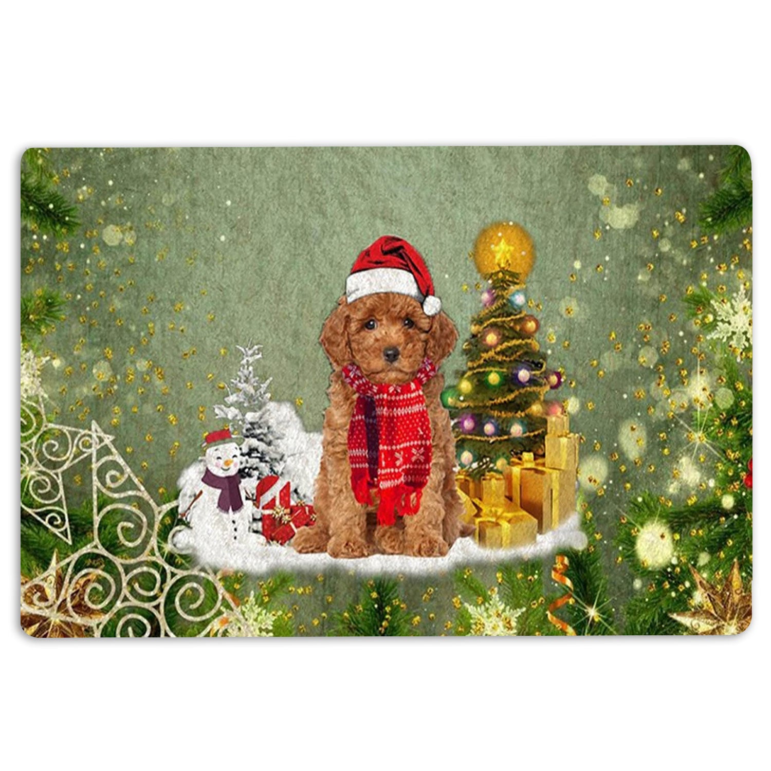 Poodle Rubber Doormat, Poodle Dog Merry Christmas Snow Christmas Tree Xmas Holidays Welcome Doormat, Indoor Outdoor Door Mat, Home Decor
