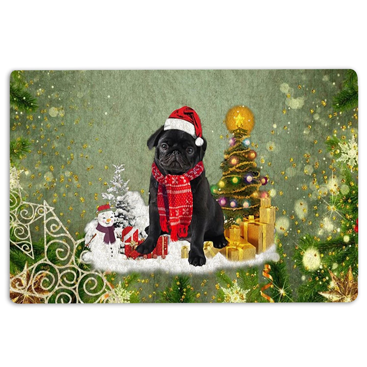 Pug Rubber Doormat, Black Pug Dog Merry Christmas Snow Christmas Tree Xmas Holidays Welcome Doormat, Indoor Outdoor Door Mat, Home Decor