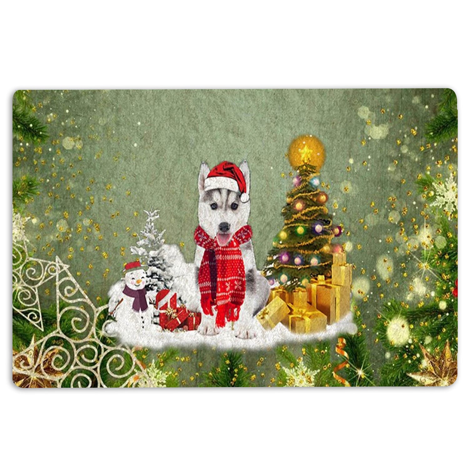 Husky Rubber Doormat, Husky Sibir Dog Merry Christmas Snow Christmas Tree Xmas Holiday Welcome Doormat, Indoor Outdoor Door Mat, Home Decor