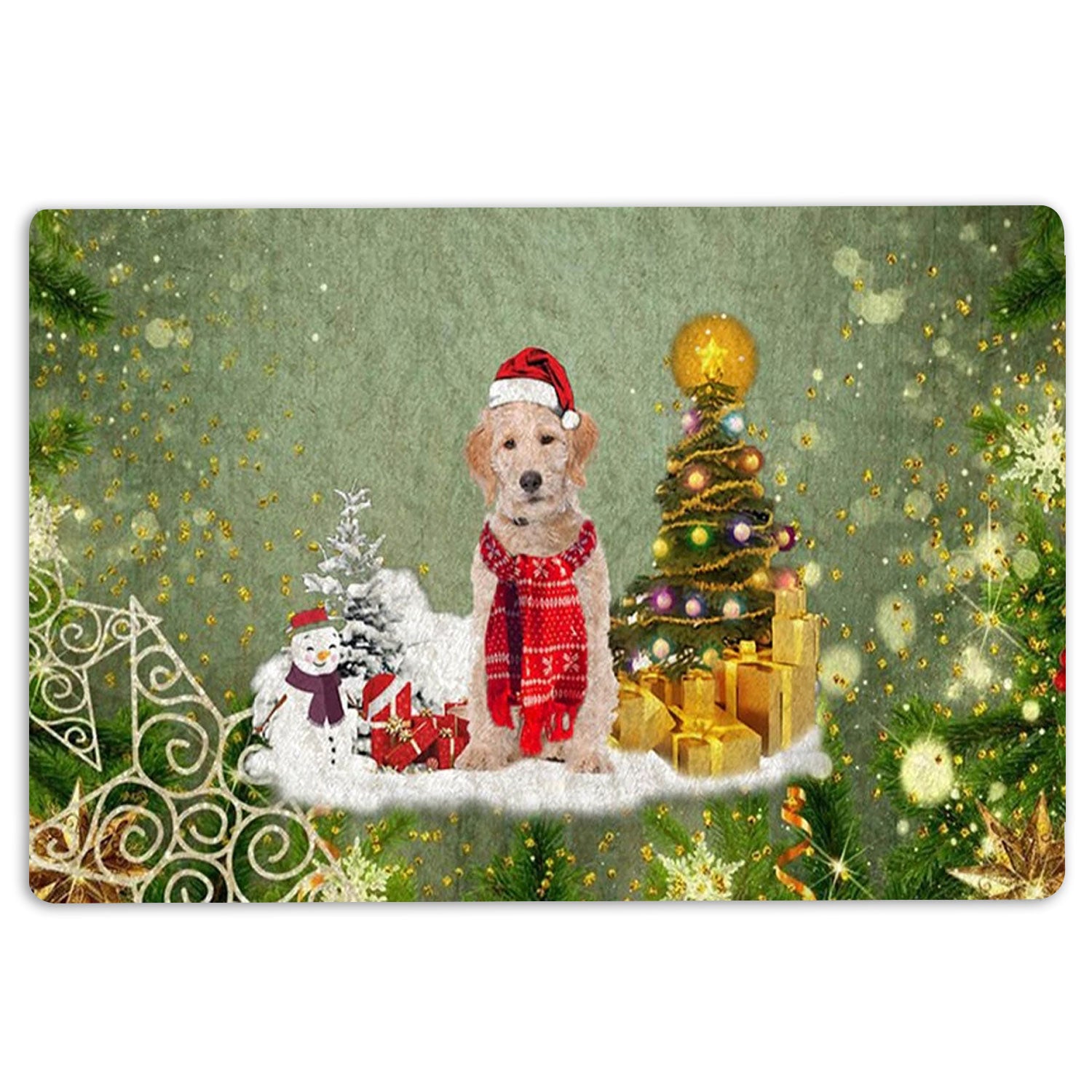 Labradoodle Rubber Doormat, Labradoodle Dog Merry Christmas Snow Christmas Tree Xmas Holiday Welcome Doormat, Indoor Outdoor Door Mat, Home Decor