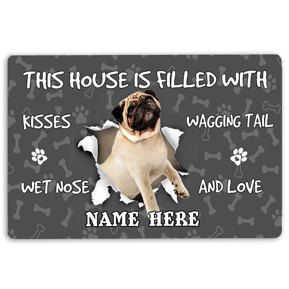 Pug Rubber Doormat, Pug Dog Pet Lover Pawprint Grey Welcome Doormat, Custom Name Indoor Outdoor Door Mat, Home Decor