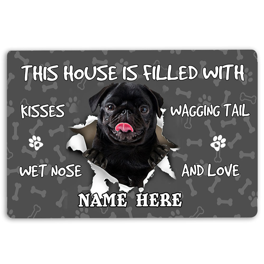 Pug Rubber Doormat, Black Pug Dog Pet Lover Pawprint Grey Welcome Doormat, Custom Name Indoor Outdoor Door Mat, Home Decor