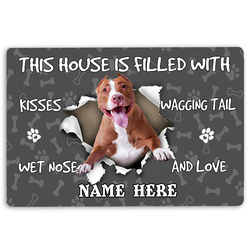 Pitbull Rubber Doormat, Pitbull Dog Pet Lover Pawprint Grey Welcome Doormat, Custom Name Indoor Outdoor Door Mat, Home Decor
