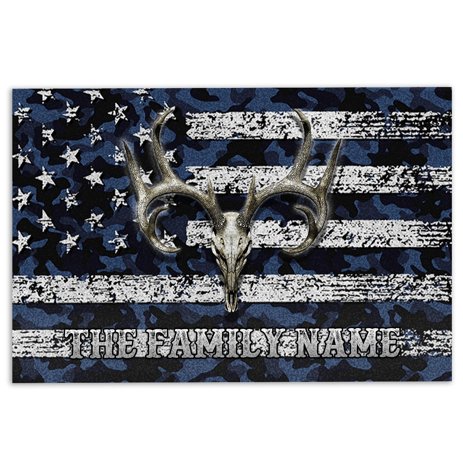 Hunting Rubber Doormat, Deer Hunting Skull Blue Camo Camouflage Welcome Doormat, Custom Name Indoor Outdoor Door Mat, Home Decor