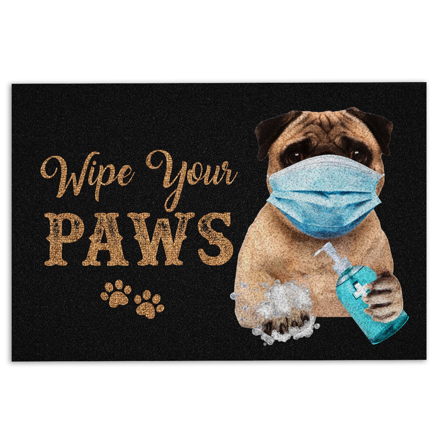Pug Rubber Doormat, Funny Pug Dog Puppy Wearing Face Mask Wipe Your Paws Black Welcome Doormat, Indoor Outdoor Door Mat, Home Decor
