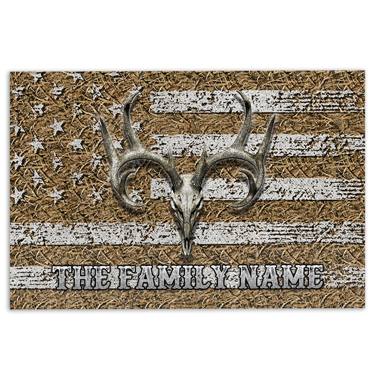 Hunting Rubber Doormat, Hunting Deer Skull Buck American Flag Welcome Doormat, Custom Name Indoor Outdoor Door Mat, Home Decor