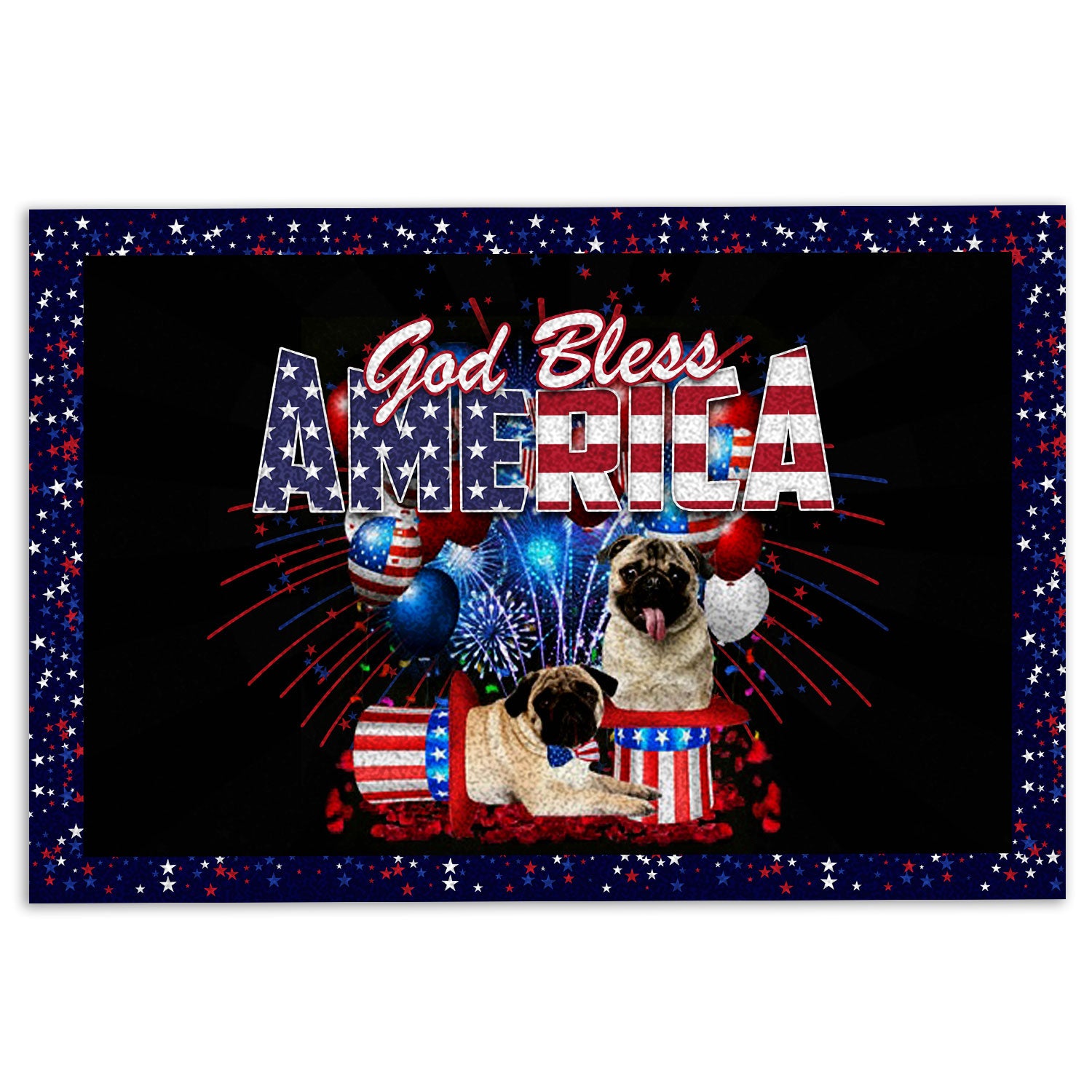 Pug Rubber Doormat, Pug God Bless America Patriotic 4Th Of July Independence Day Welcome Doormat, Indoor Outdoor Door Mat, Home Decor