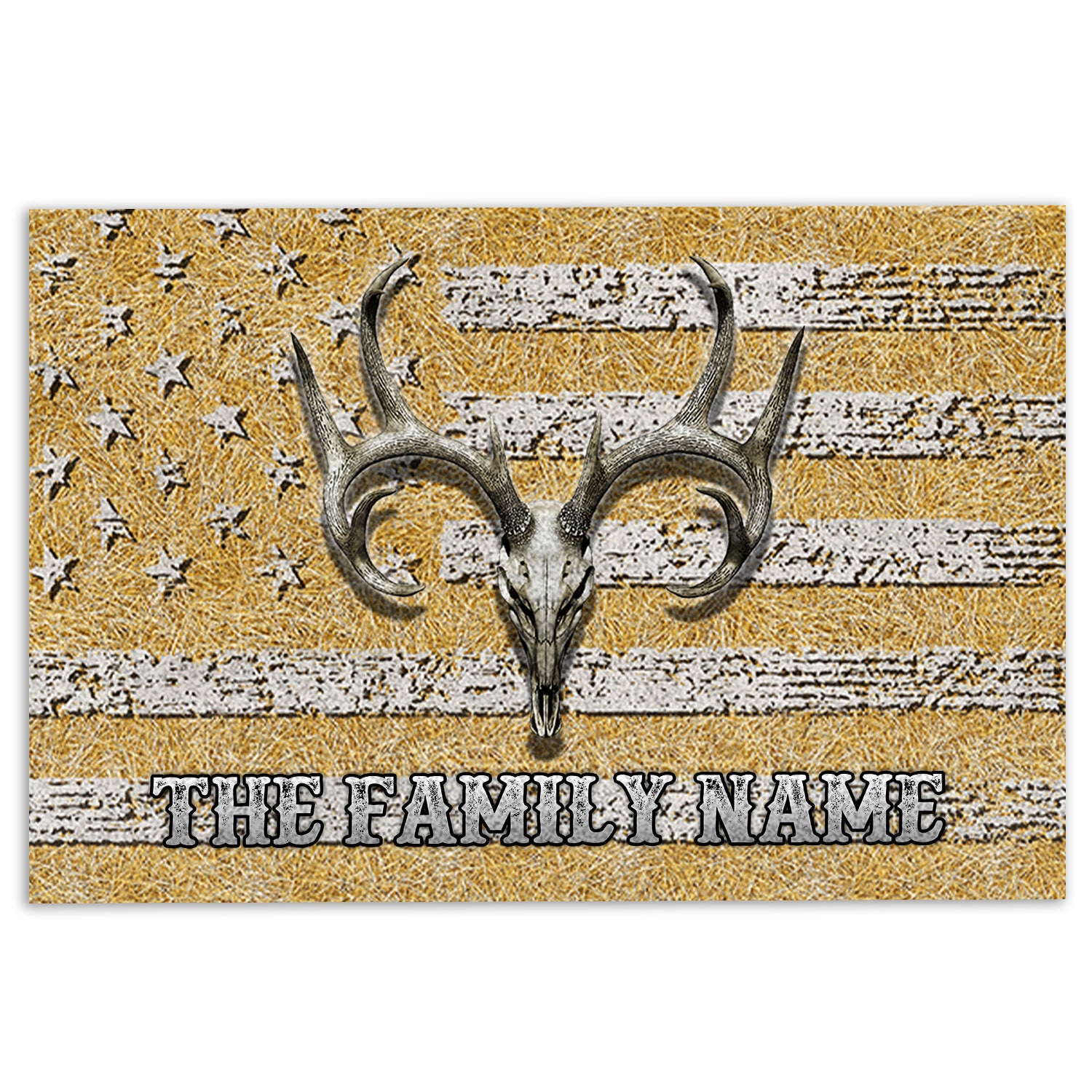 Hunting Rubber Doormat, Deer Hunting Deer Buck Skull Us Flag Welcome Doormat, Custom Name Indoor Outdoor Door Mat, Home Decor