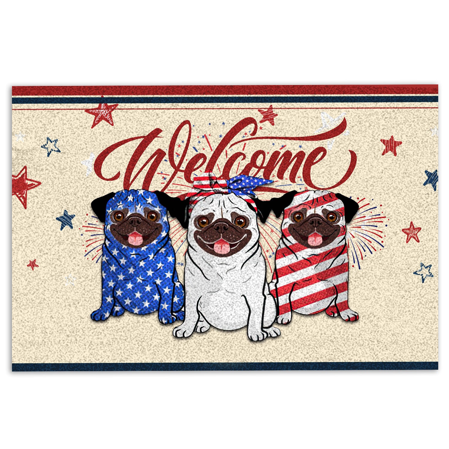 Pug Rubber Doormat, Pug Dog Patriotic American Firework 4Th Of July Independence Day Welcome Doormat, Indoor Outdoor Door Mat, Home Decor