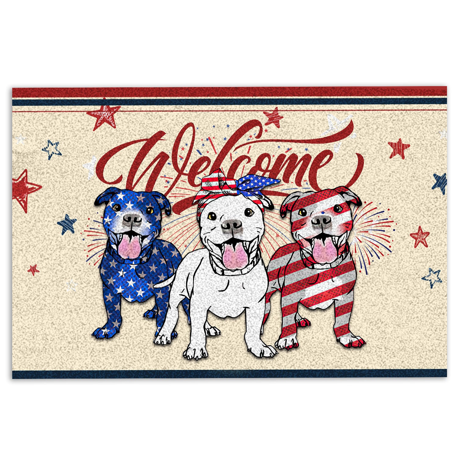 Pitbull Rubber Doormat, Pitbull Dog Patriotic American 4Th Of July Independence Day Welcome Doormat, Indoor Outdoor Door Mat, Home Decor