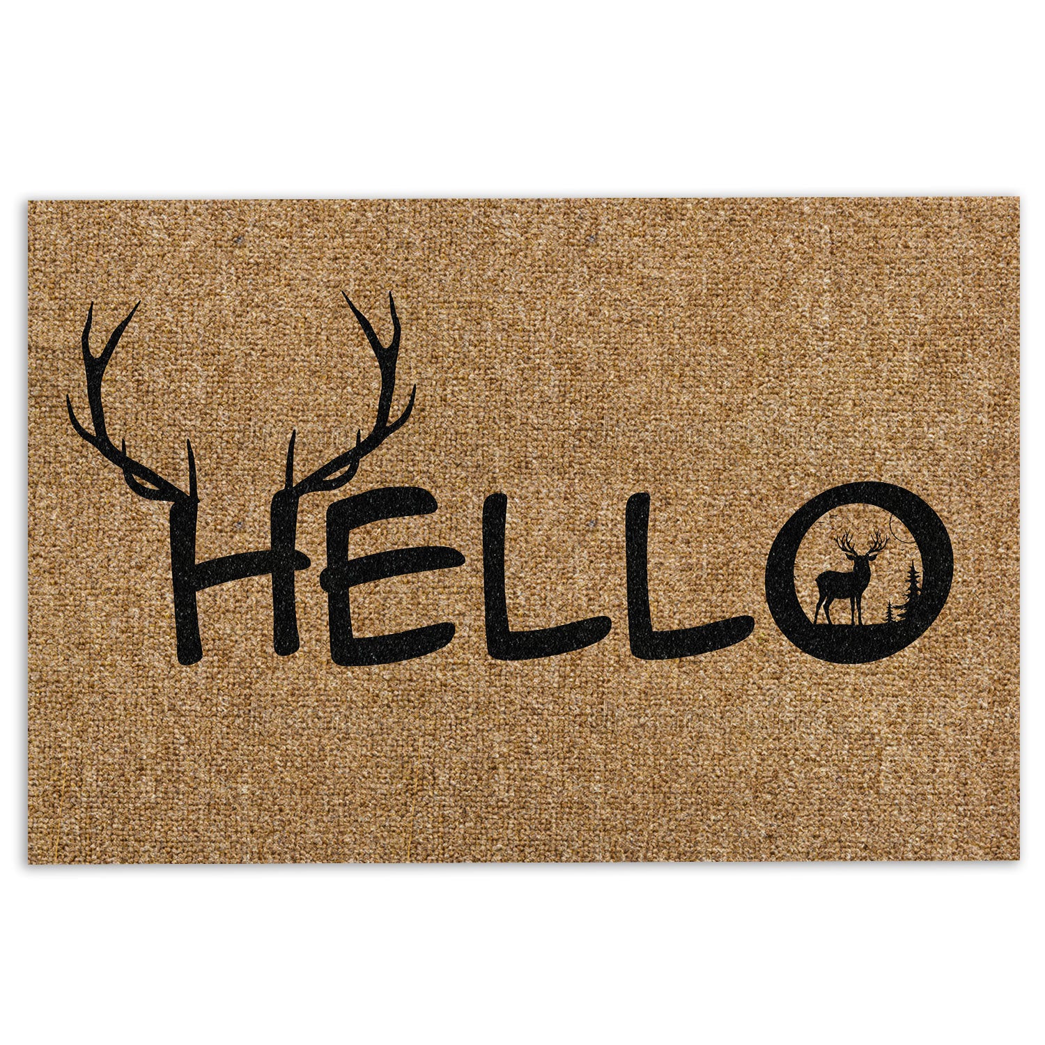 Hunting Rubber Doormat, Deer Hunting Forest Deer Hello Brown Pattern Welcome Doormat, Indoor Outdoor Door Mat, Home Decor