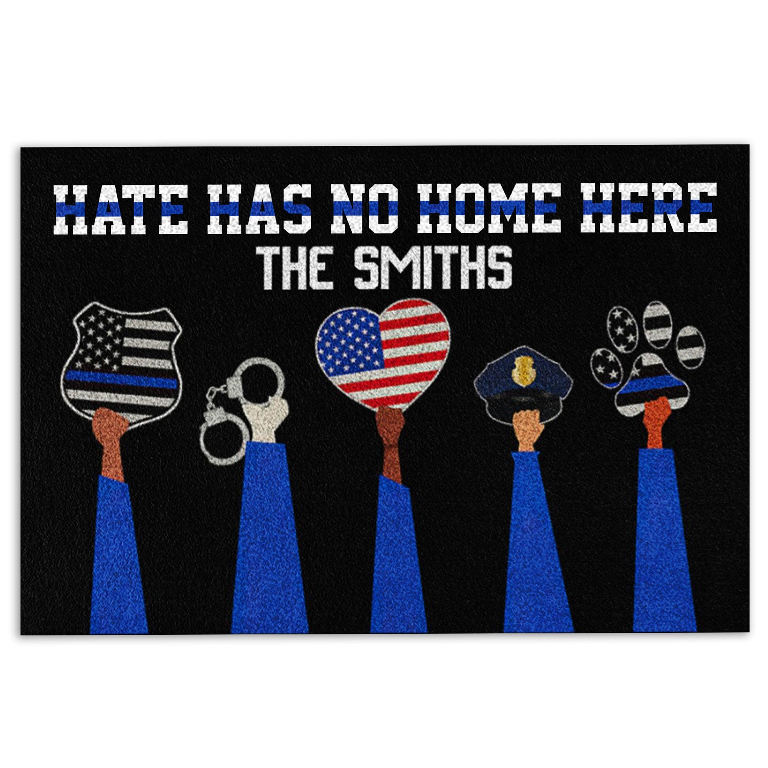 Police Rubber Doormat, Police Hate Has No Home Here Blue Line Welcome Doormat, Custom Name Indoor Outdoor Door Mat, Home Decor