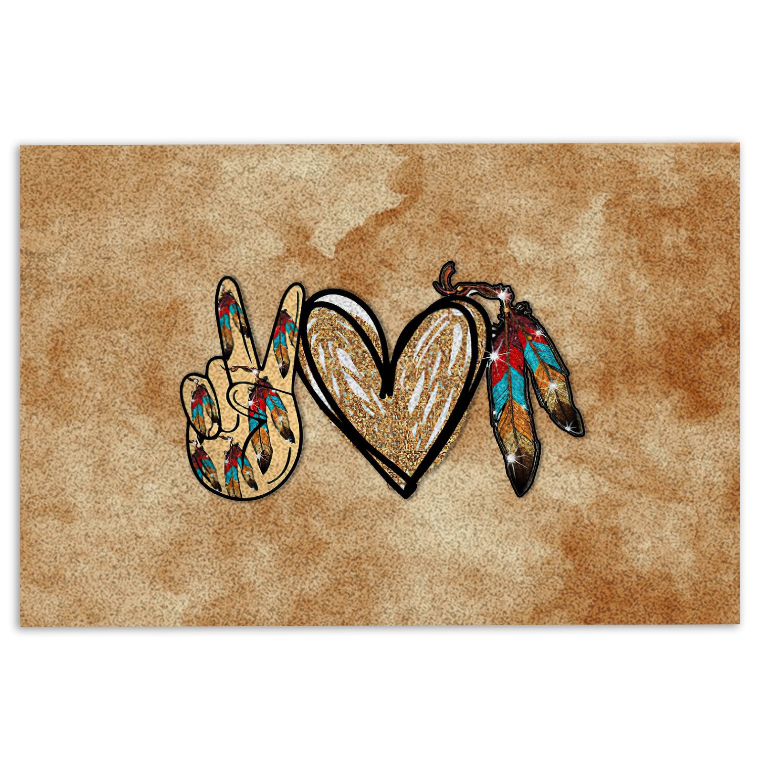 Native American Rubber Doormat, Peace Love Native American Feather Indigenous Us Indian Welcome Doormat, Indoor Outdoor Door Mat, Home Decor