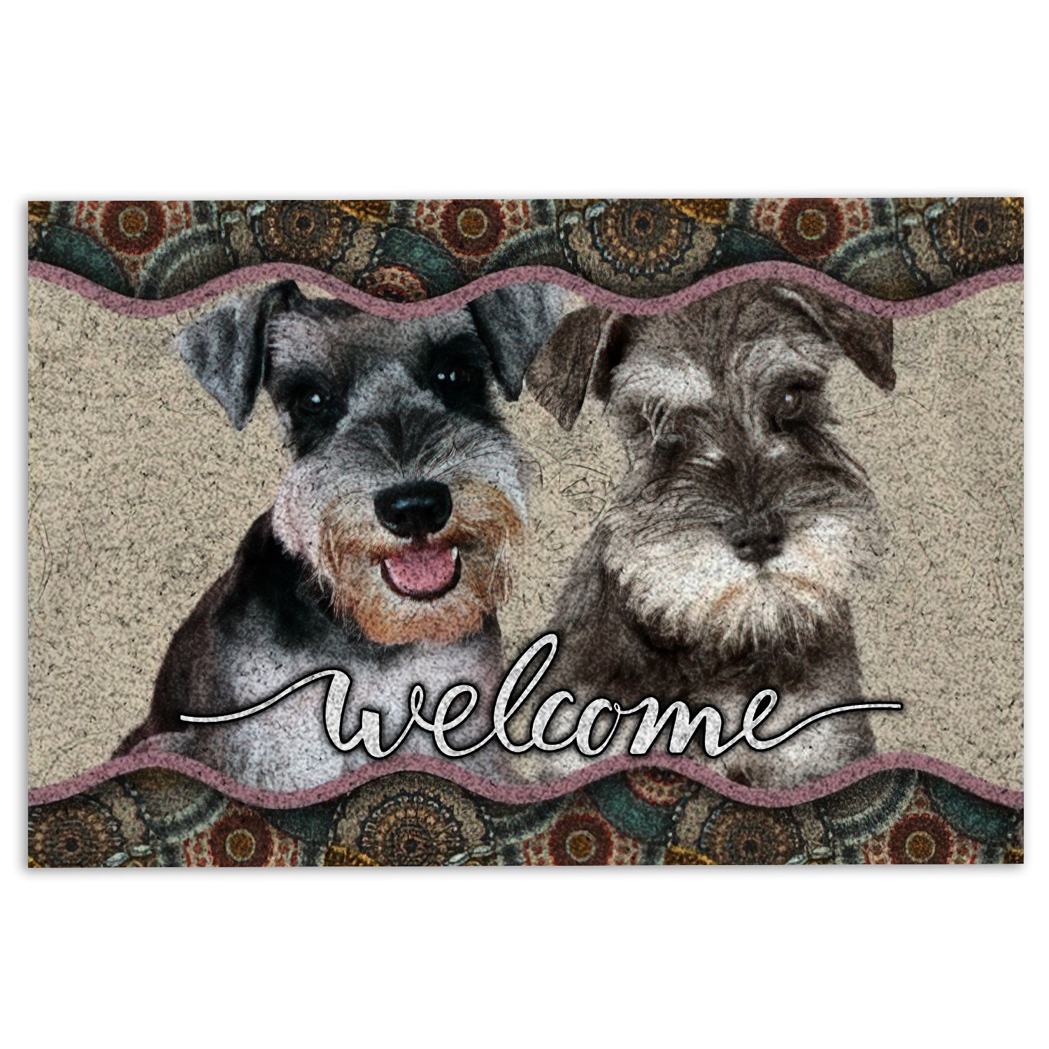 Miniature Schnauzer Rubber Doormat, Miniature Schnauzer Welcome Mandala Pattern For Dog Puppy Lover Welcome, Indoor Outdoor Door Mat, Home Decor