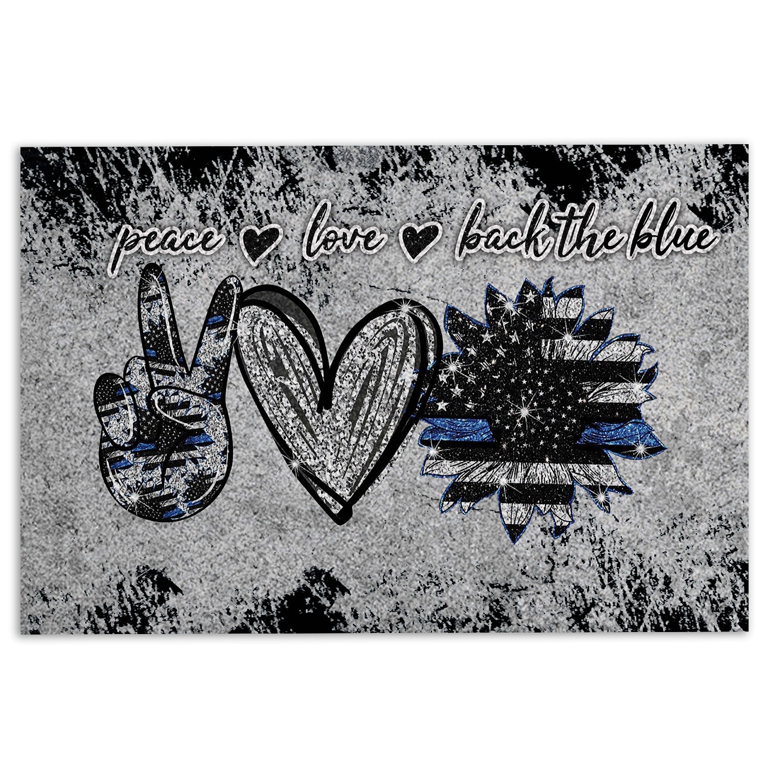 Police Rubber Doormat, Police Peace Love Back The Blue Thin Blue Line Grey Pattern Welcome Doormat, Indoor Outdoor Door Mat, Home Decor