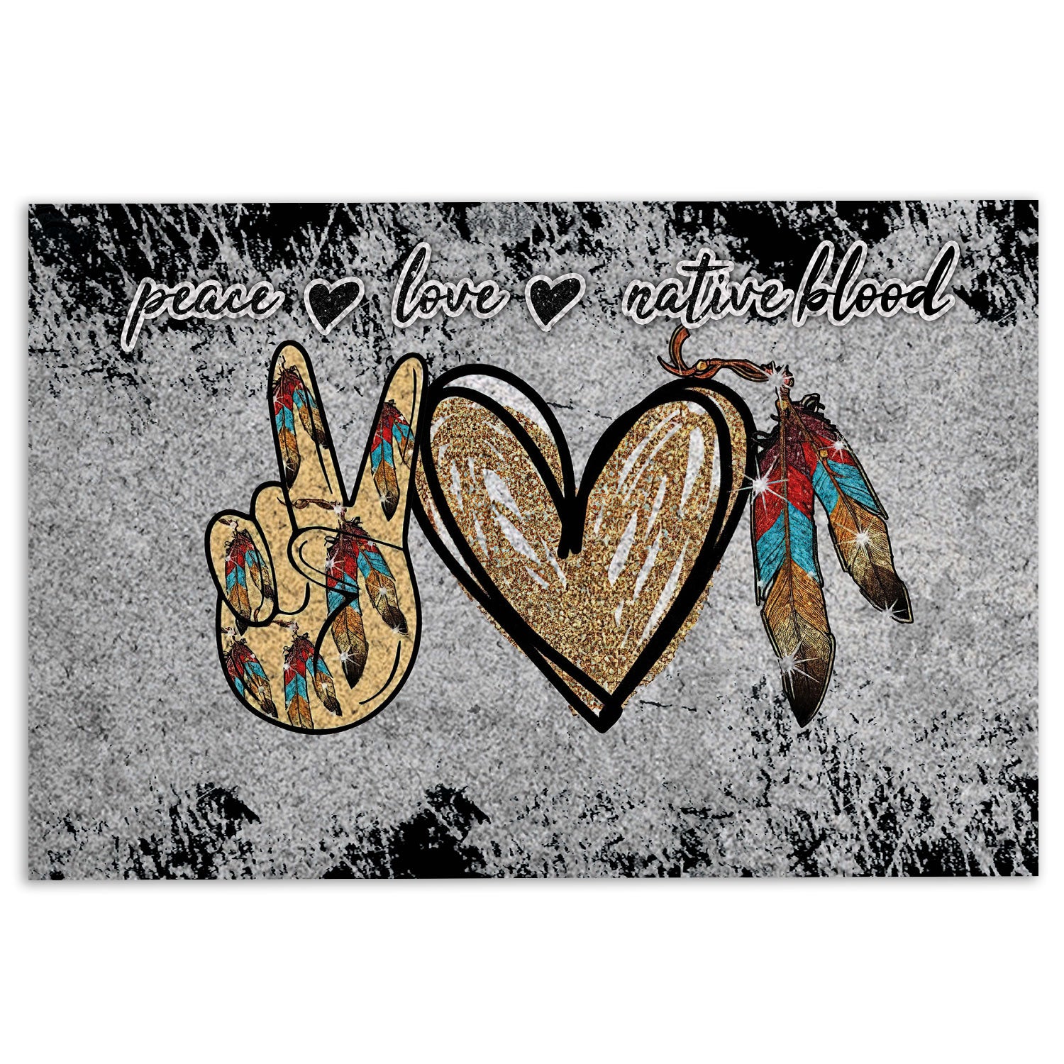 Native American Rubber Doormat, Native American Native Boho Feather Peace Love Native Blood Grey Welcome Doormat, Indoor Outdoor Door Mat, Home Decor