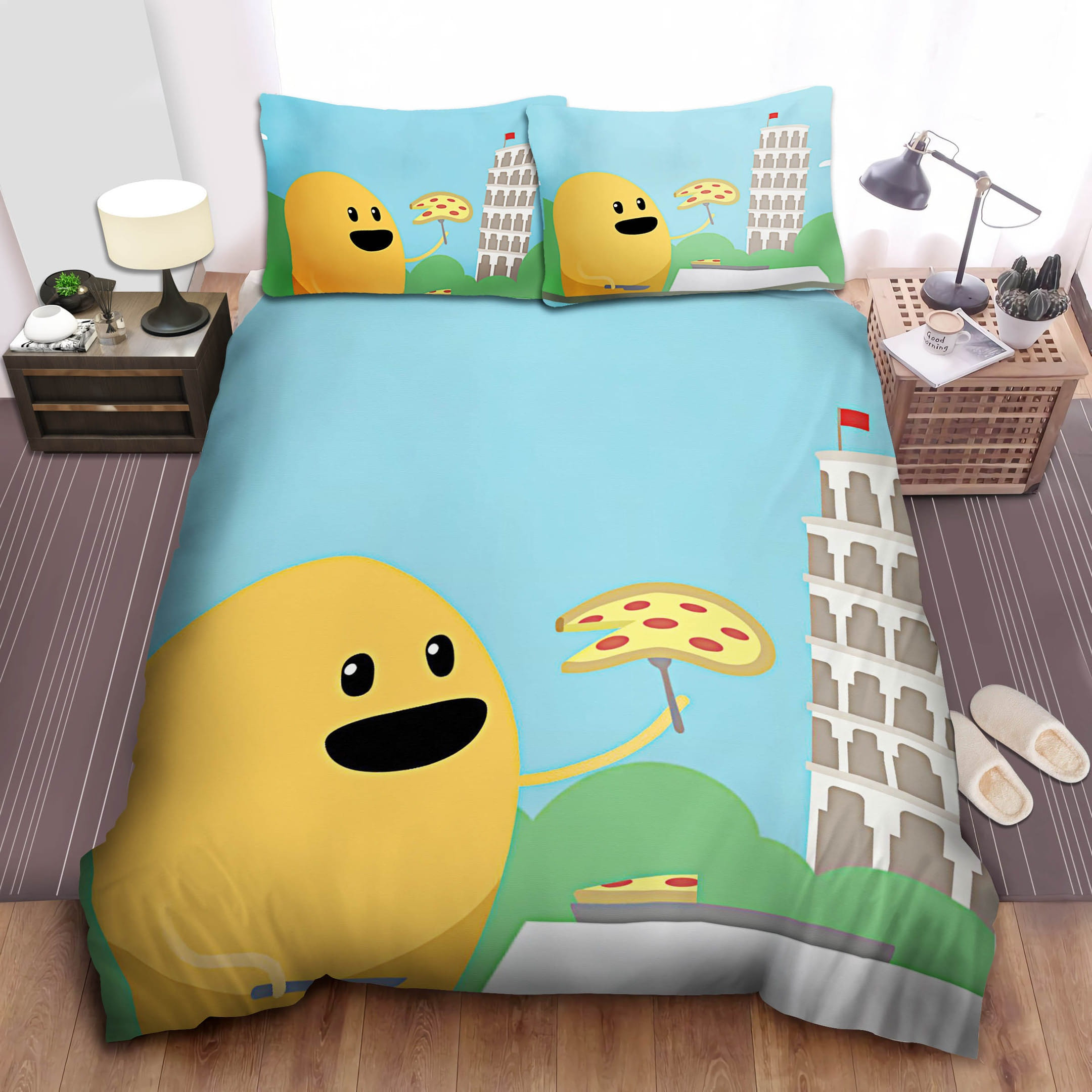 Eating Pizza Near Pisa Bedding Sets, Flatsheet Gift For Wife, Husband, Besties