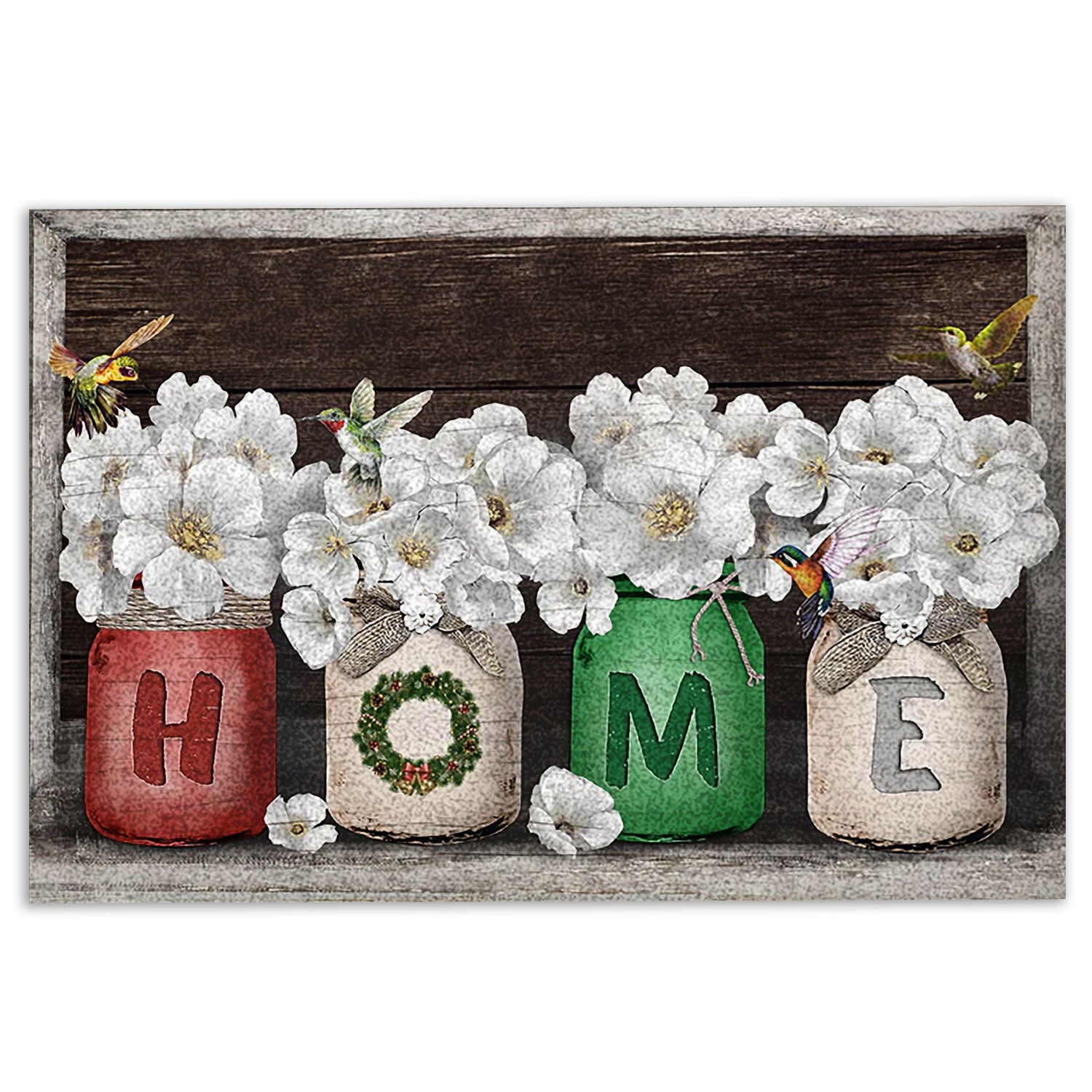 Hummingbird Rubber Doormat, Flowers Bloom Jars Hummingbird Home Brown Housewarming Gift Welcome Doormat, Indoor Outdoor Door Mat, Home Decor