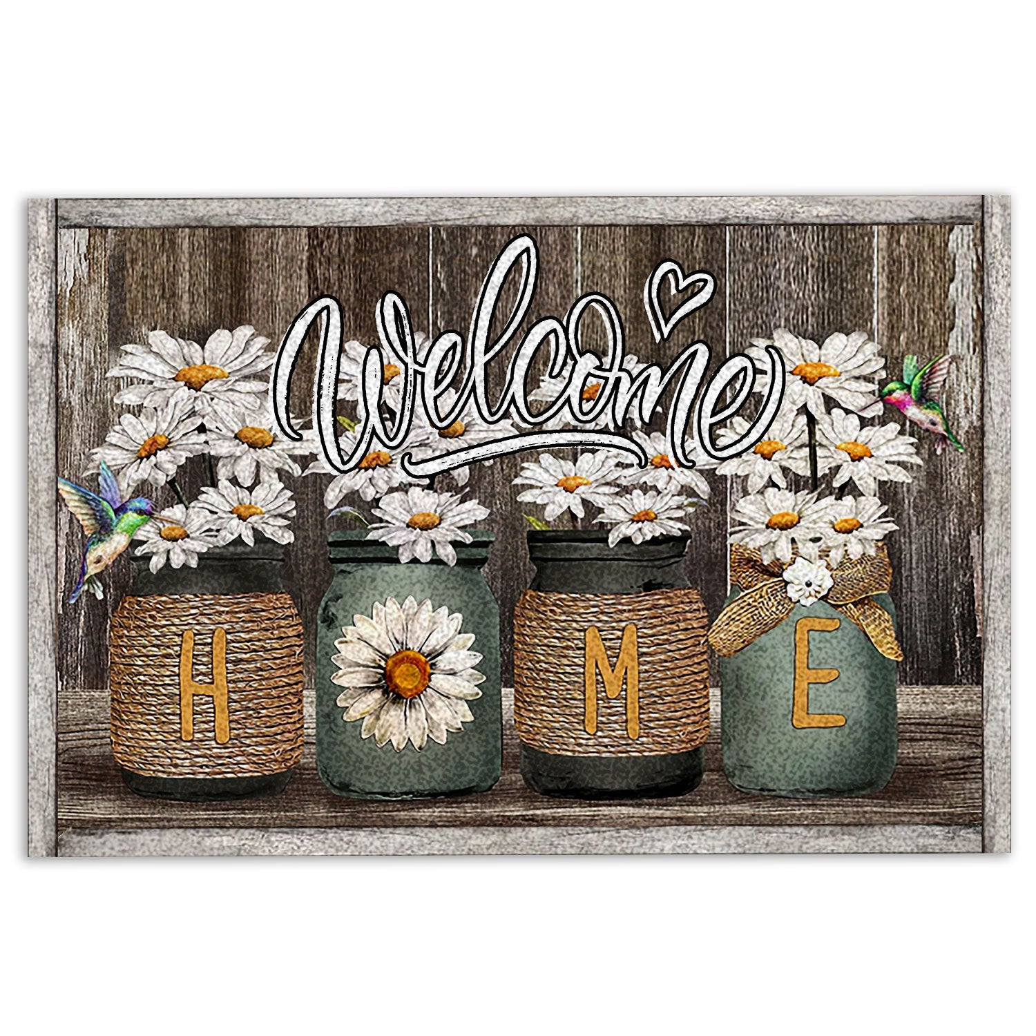 Hummingbird Rubber Doormat, Daisy Flower Jars Hummingbird Welcome Home Brown Housewarming Welcome Doormat, Indoor Outdoor Door Mat, Home Decor