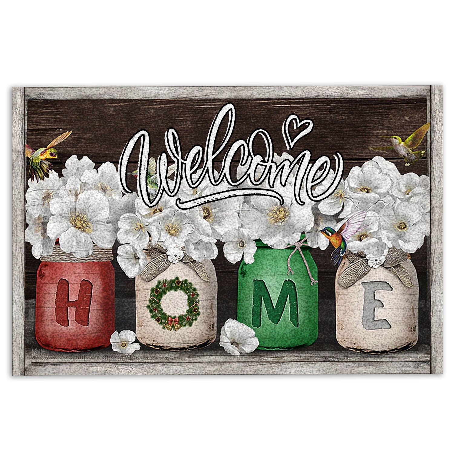 Hummingbird Rubber Doormat, Flowers Bloom Jars Hummingbird Welcome Home Brown Housewarming Welcome Doormat, Indoor Outdoor Door Mat, Home Decor