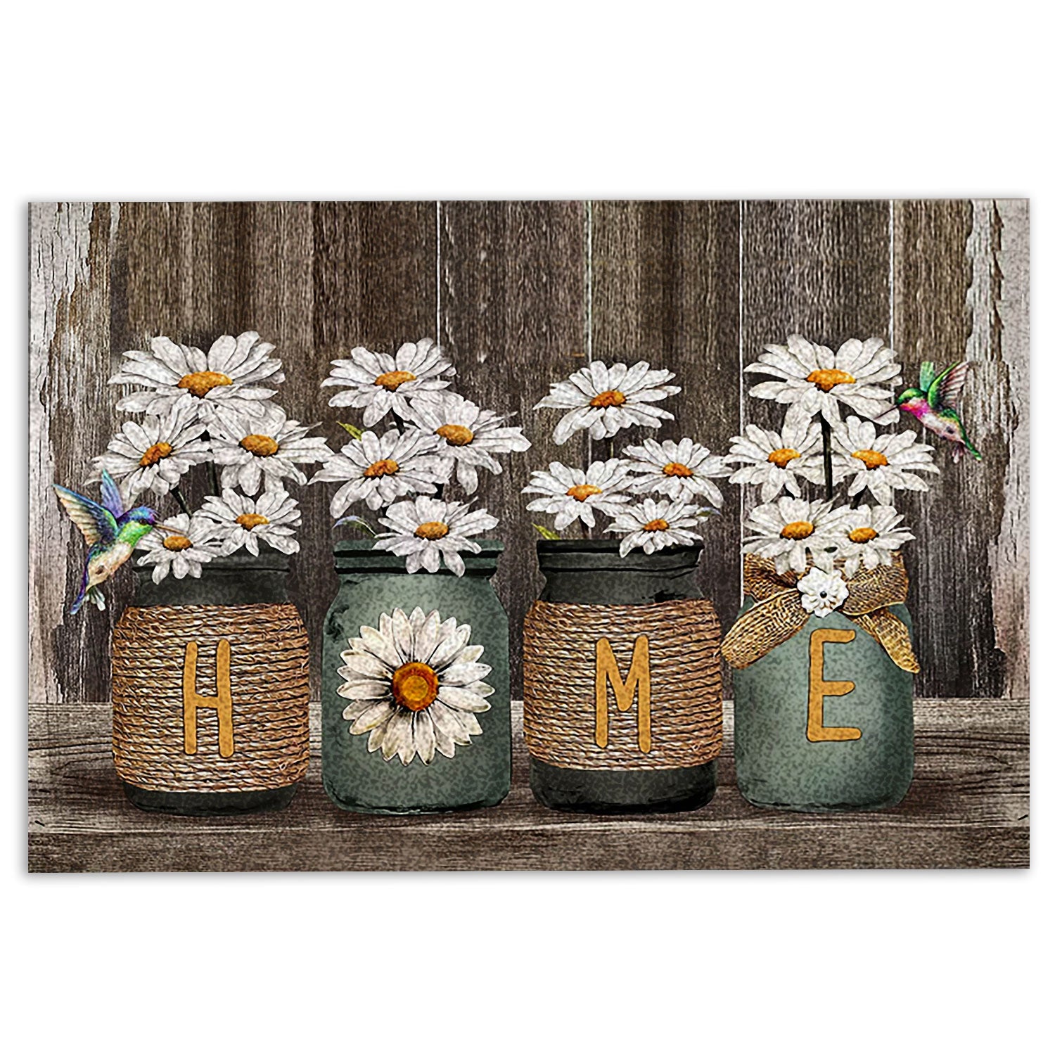 Hummingbird Rubber Doormat, Daisy Flower Jars Hummingbird Home Brown Housewarming Gift Welcome Doormat, Indoor Outdoor Door Mat, Home Decor