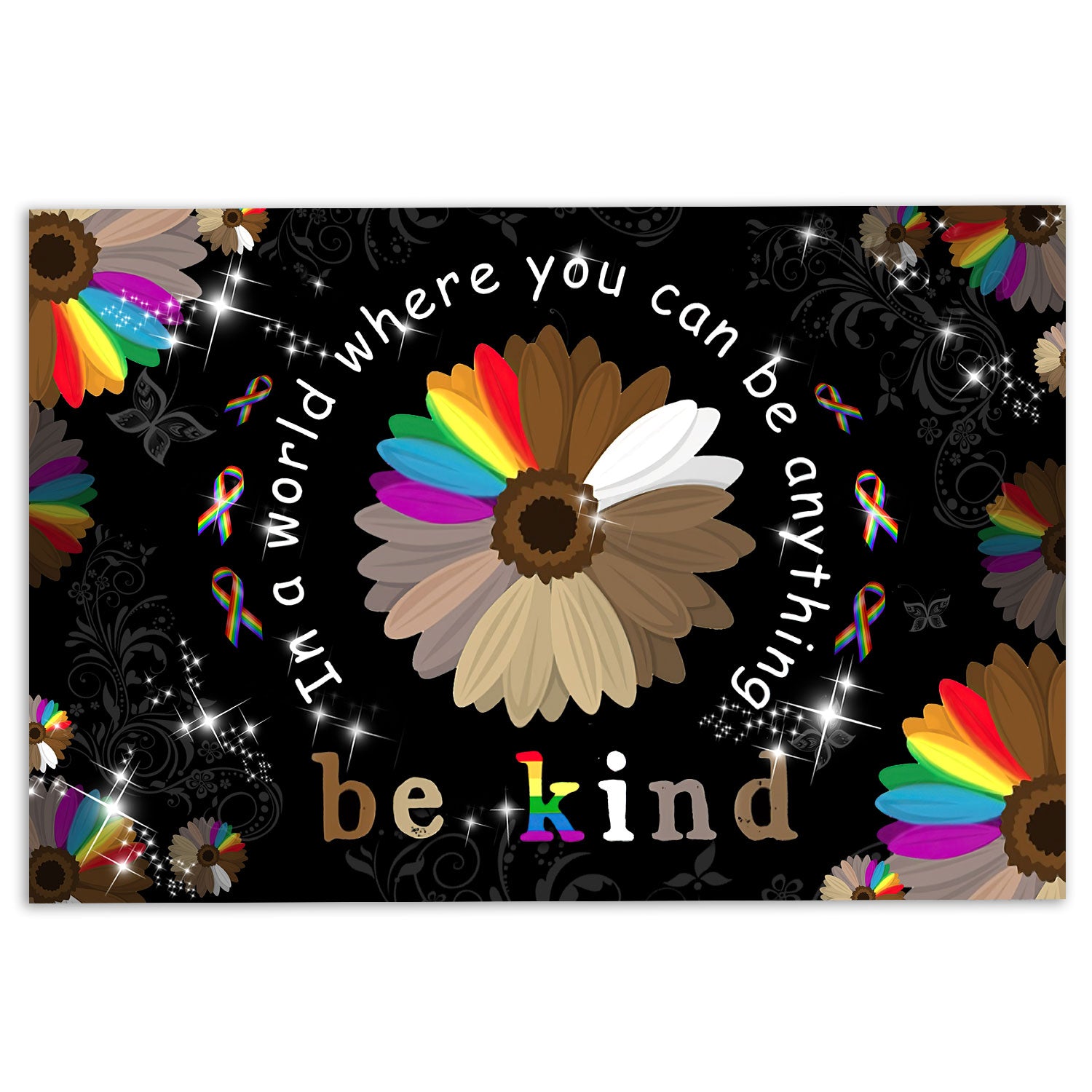 Lgbt Rubber Doormat, Lgbt Pride Blm Support Gift Idea Sunflower Be Kind Black Welcome Doormat, Indoor Outdoor Door Mat, Home Decor