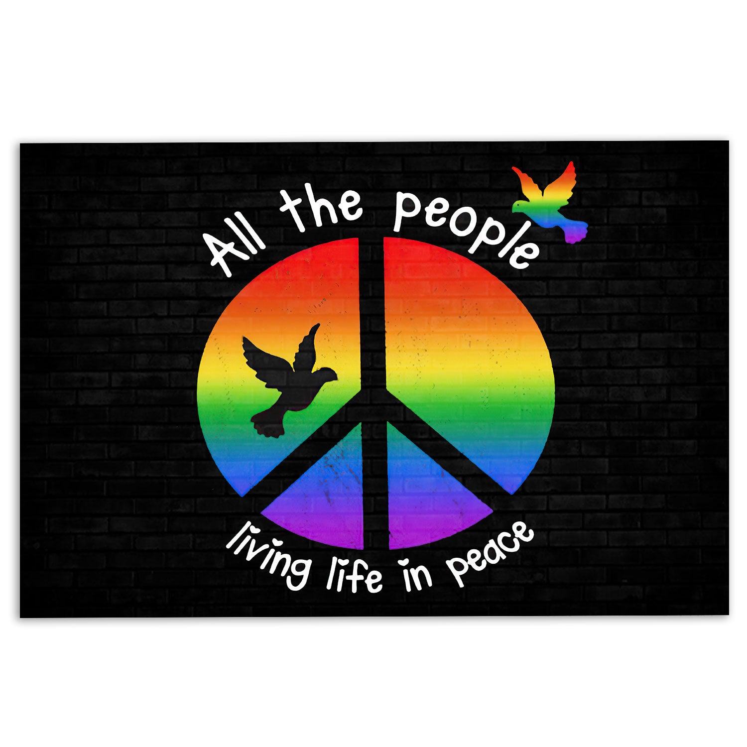 Lgbt Rubber Doormat, Lgbt Pride Support Gift Idea Rainbow Peace Sign Dove All People Welcome Doormat, Indoor Outdoor Door Mat, Home Decor