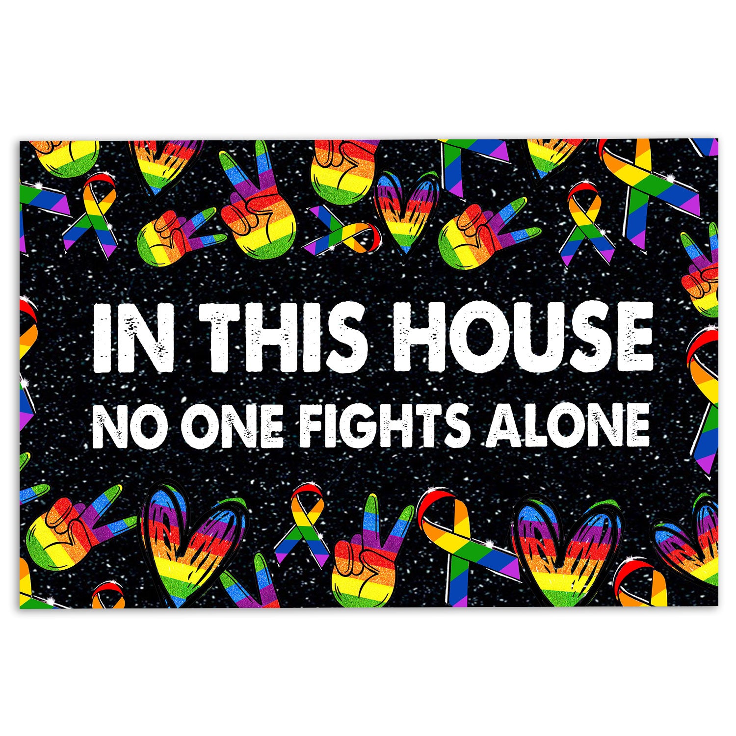 Lgbt Rubber Doormat, Lgbt Pride Support Rainbow Peace Hand Ribbon No One Fight Alone Welcome Doormat, Indoor Outdoor Door Mat, Home Decor