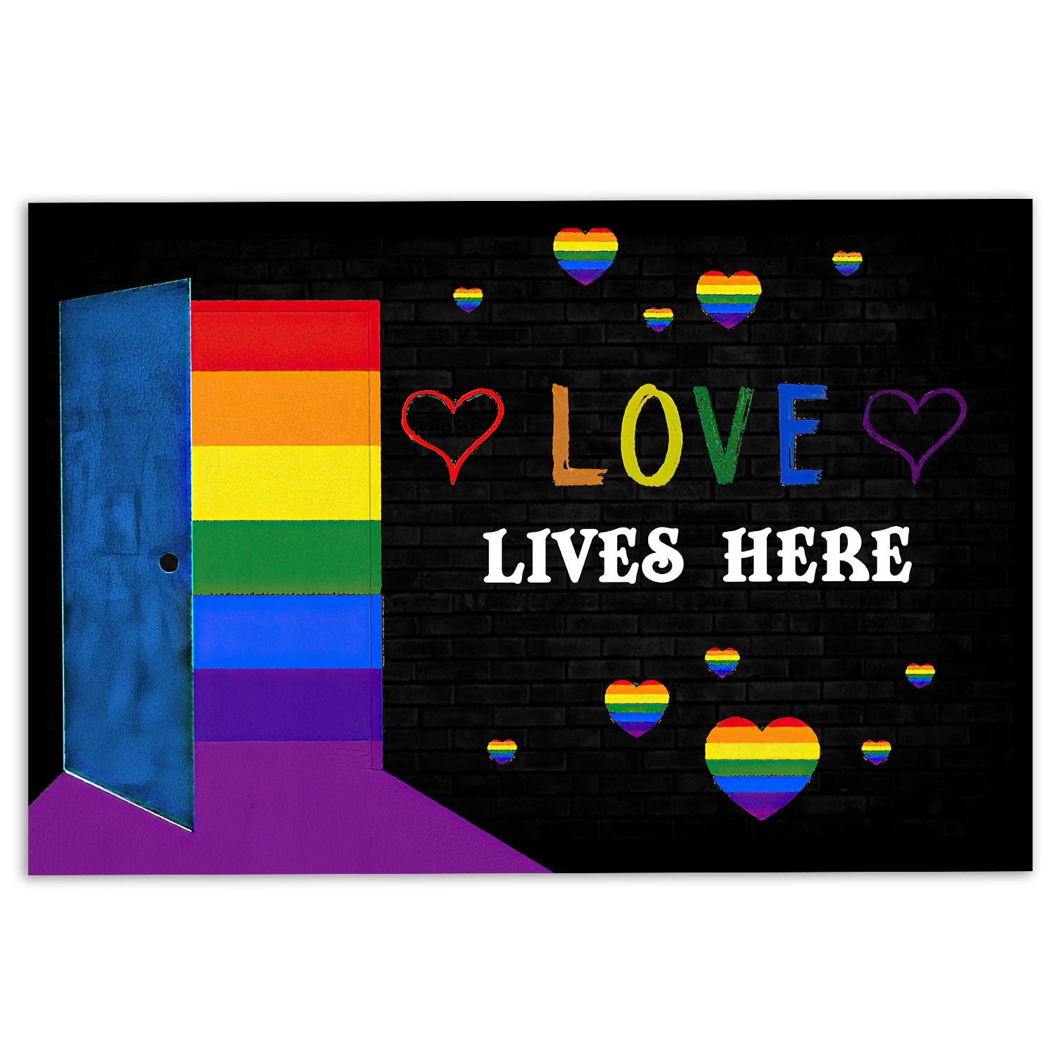 Lgbt Rubber Doormat, Lgbt Pride Support Gift Idea Rainbow Door Love Lives Here Welcome Doormat, Indoor Outdoor Door Mat, Home Decor