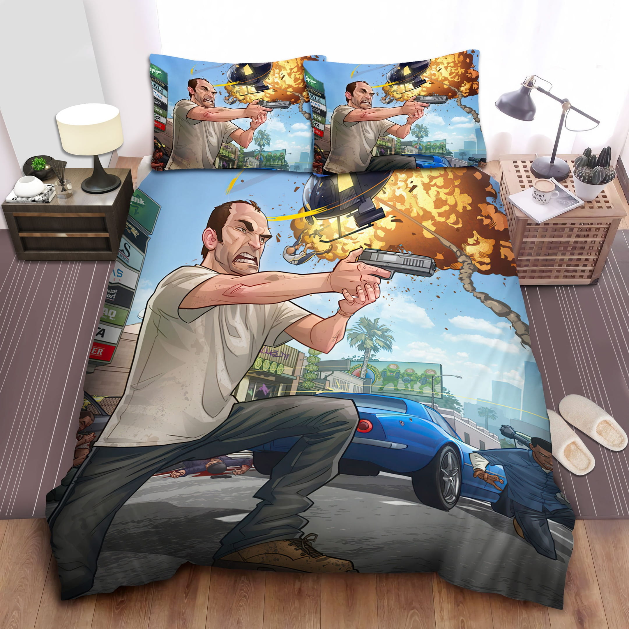 Grand Theft Auto Explosion Bedding Sets, Flatsheet Gift For Wife, Husband, Besties
