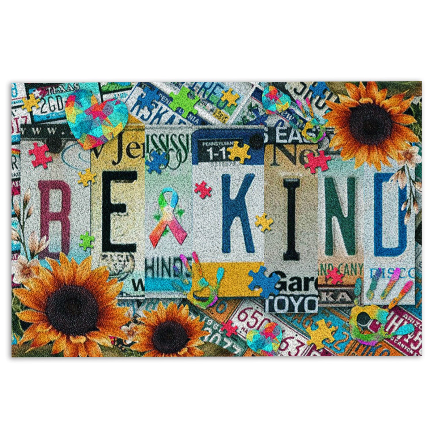 Autism Rubber Doormat, Autism Awareness Be Kind Sunflower License Plates Welcome Doormat, Indoor Outdoor Door Mat, Home Decor