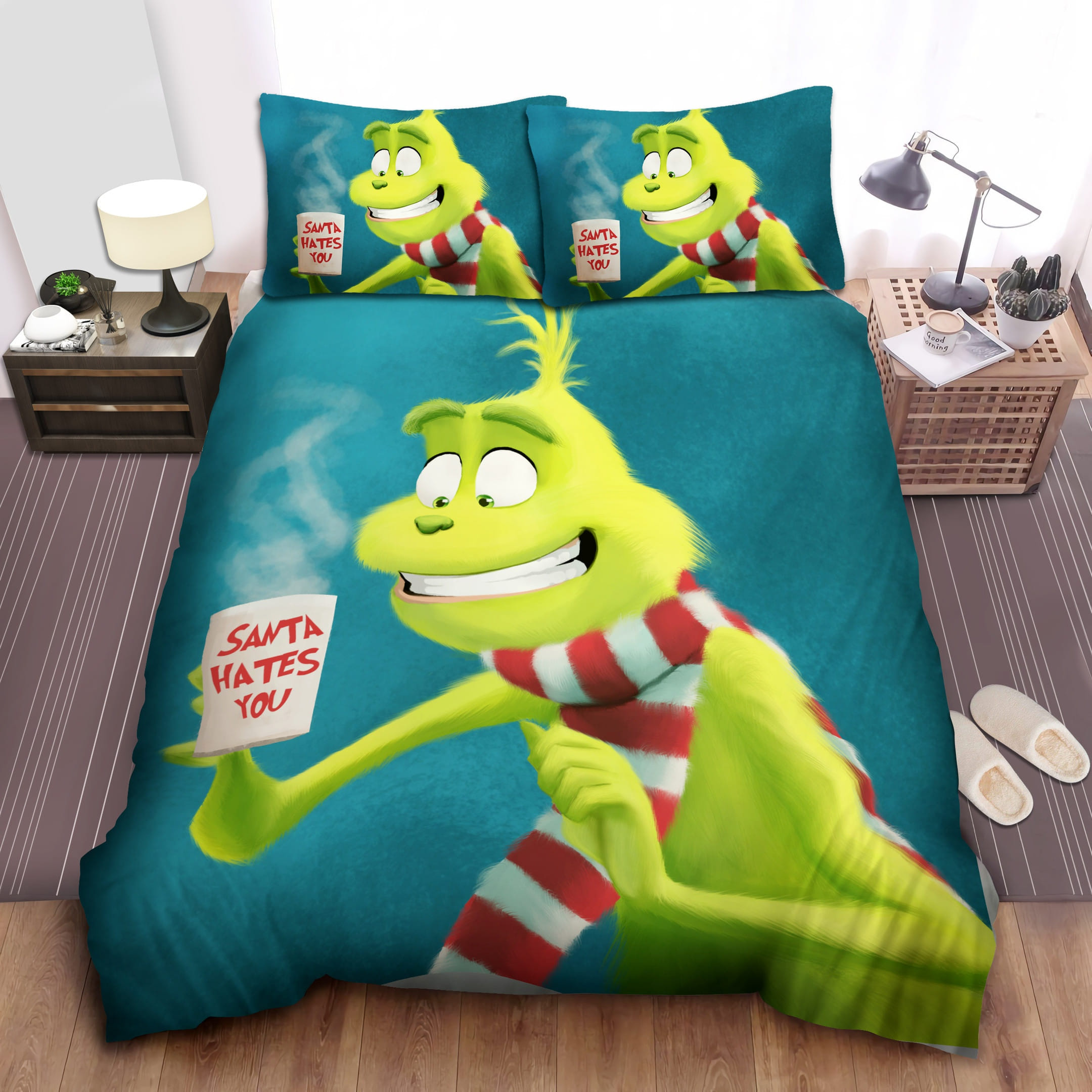 Grinch And Santa Hates You Bedding Sets Duvet Cover, Flatsheet, Pillowcase For Your Lover