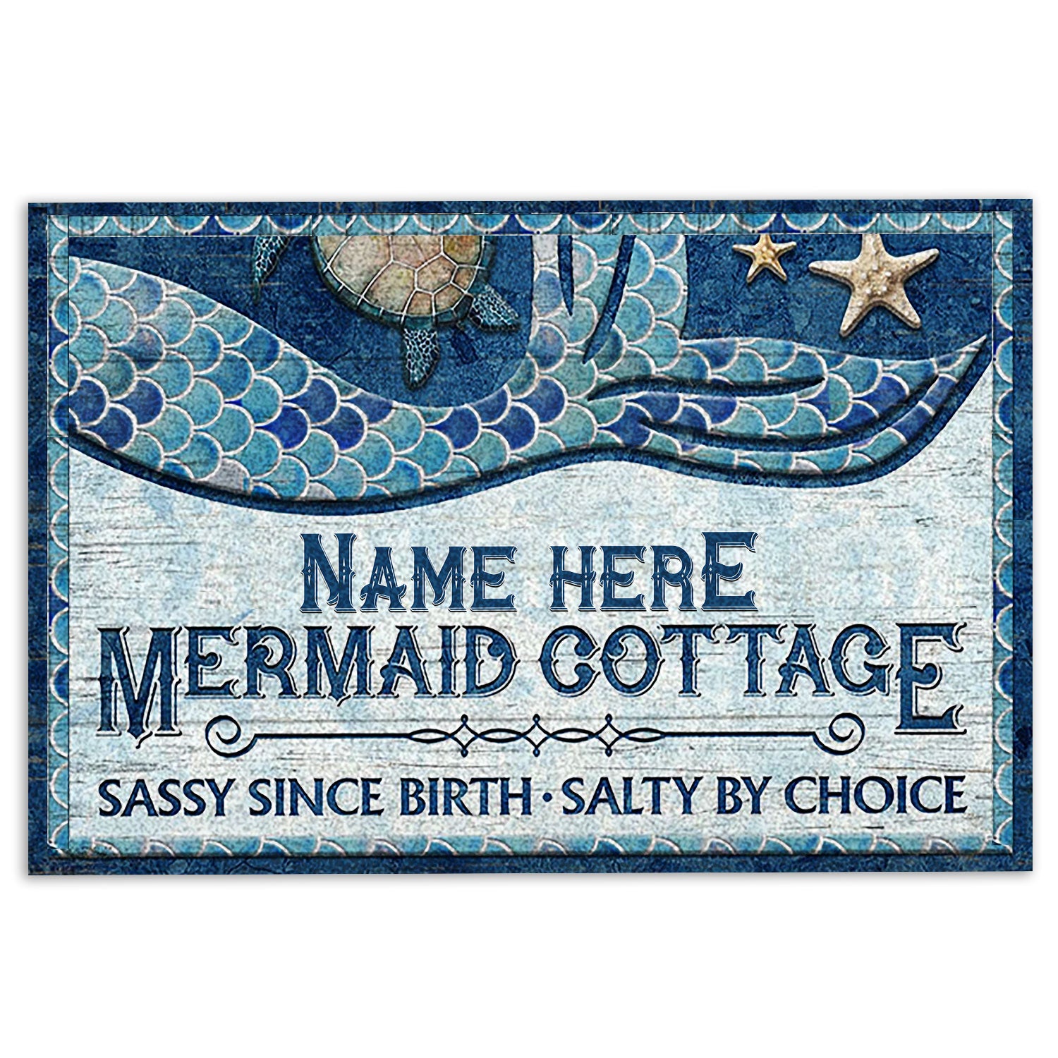 Mermaid Rubber Doormat, Mermaid Cottages Blue Ocean Lover Welcome Doormat, Custom Name Indoor Outdoor Door Mat, Home Decor