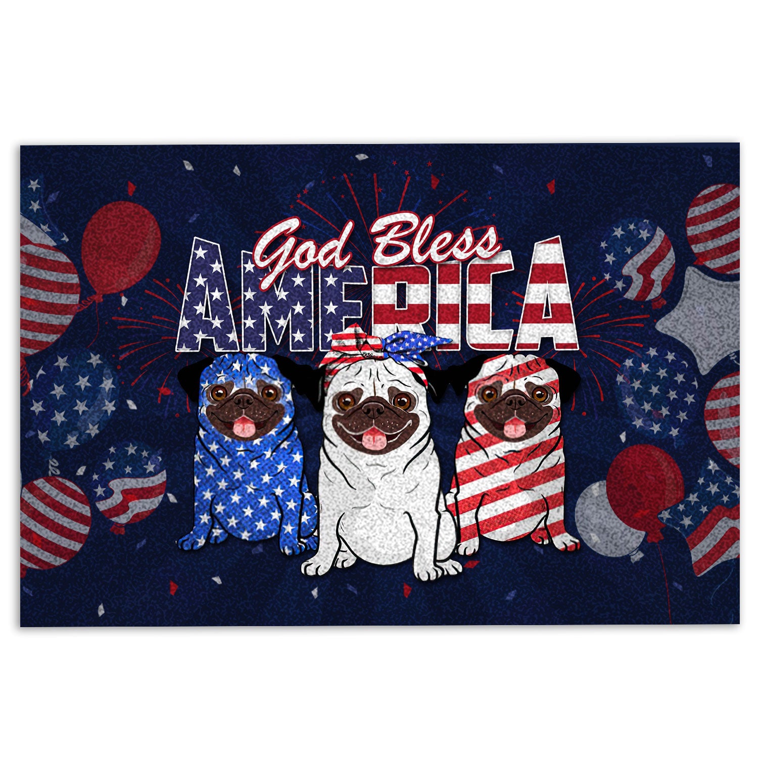 Pug Rubber Doormat, Pug Dog God Bless America Patriotic 4Th Of July Independence Day Welcome Doormat, Indoor Outdoor Door Mat, Home Decor