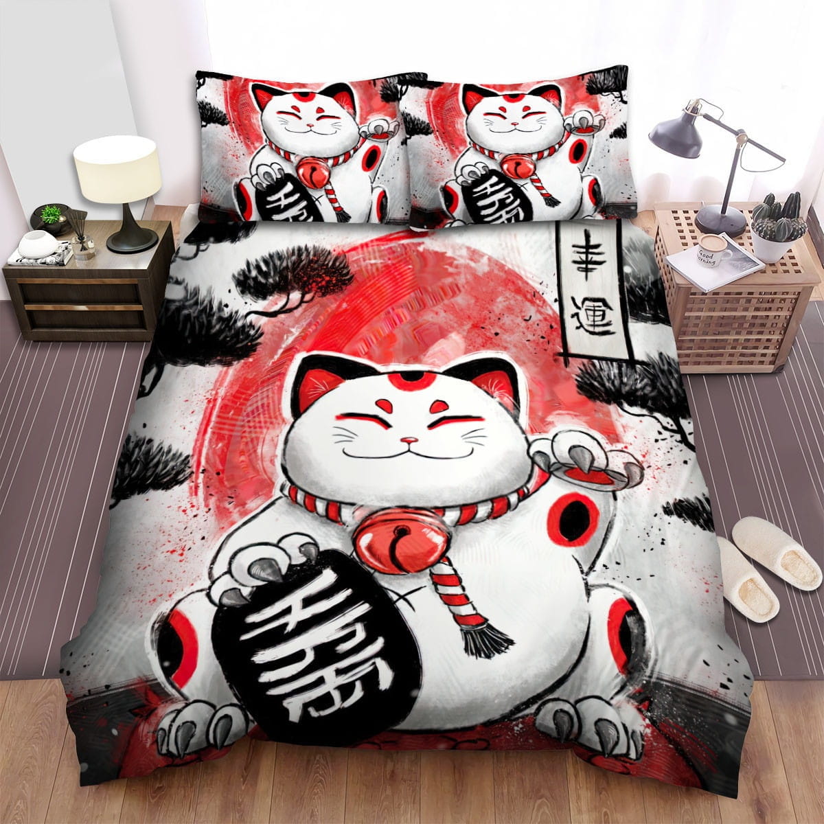 Japan Art Lucky Cat Bedding Sets, Flatsheet Gift For Christmas, Thanksgiving, Halloween