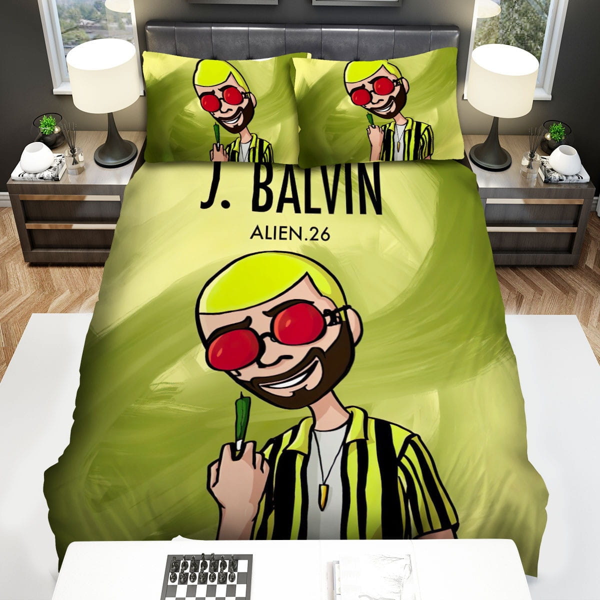 J Balvin Green Head Art Bedding Sets, Flatsheet Gift For Wife, Husband, Besties