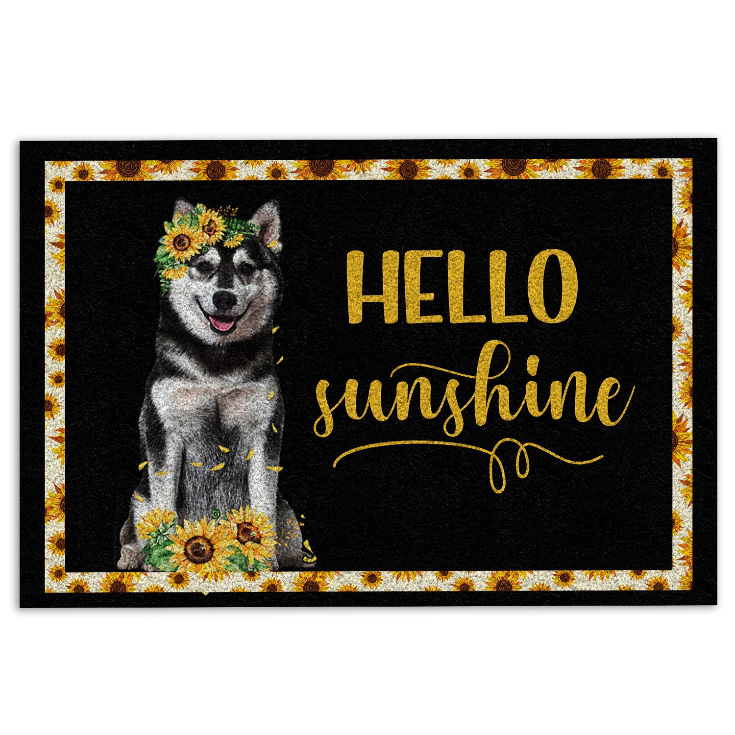 Husky Rubber Doormat, Husky Sibir Hello Sunflower Floral For Dog Lover Black Welcome Doormat, Indoor Outdoor Door Mat, Home Decor