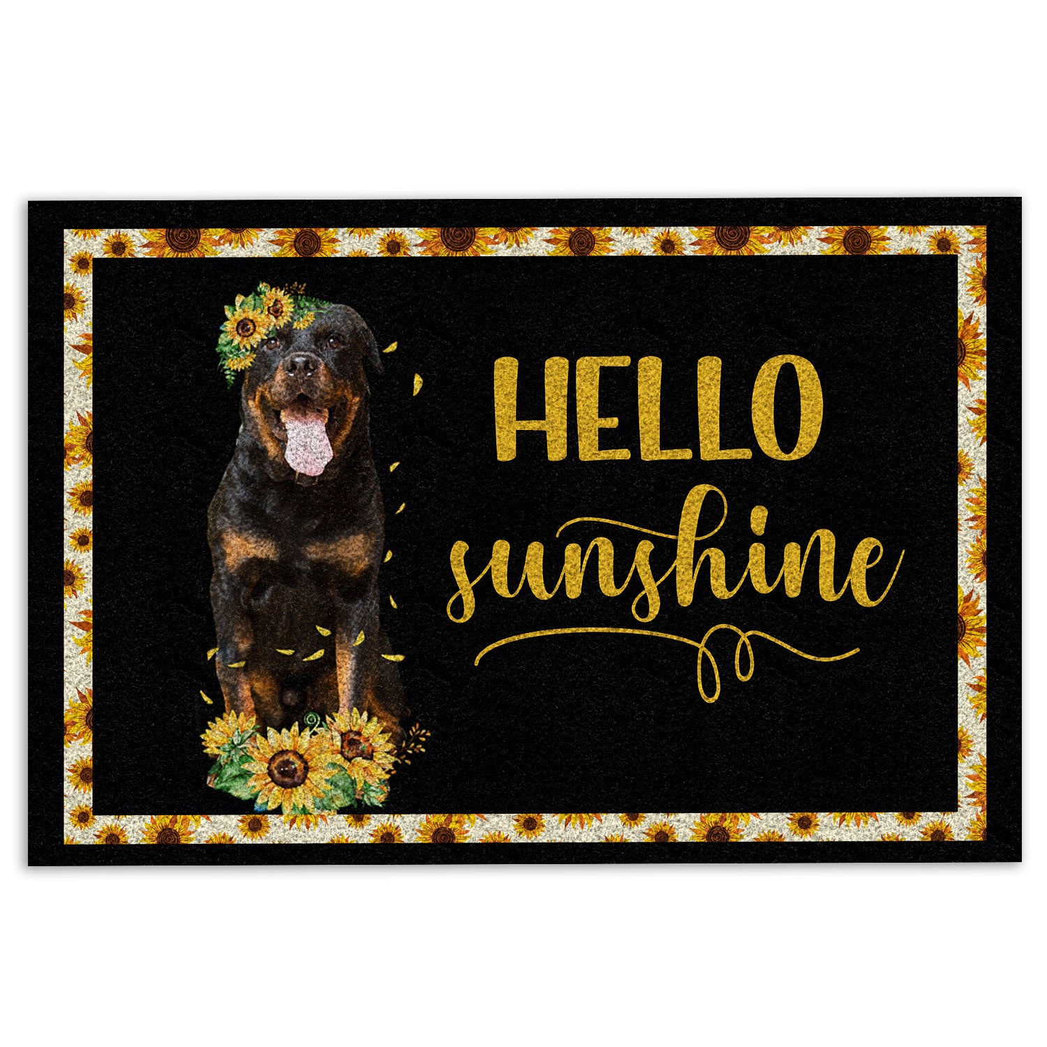 Rottweiler Rubber Doormat, Rottweiler Hello Sunflower Floral For Dog Lover Black Welcome Doormat, Indoor Outdoor Door Mat, Home Decor