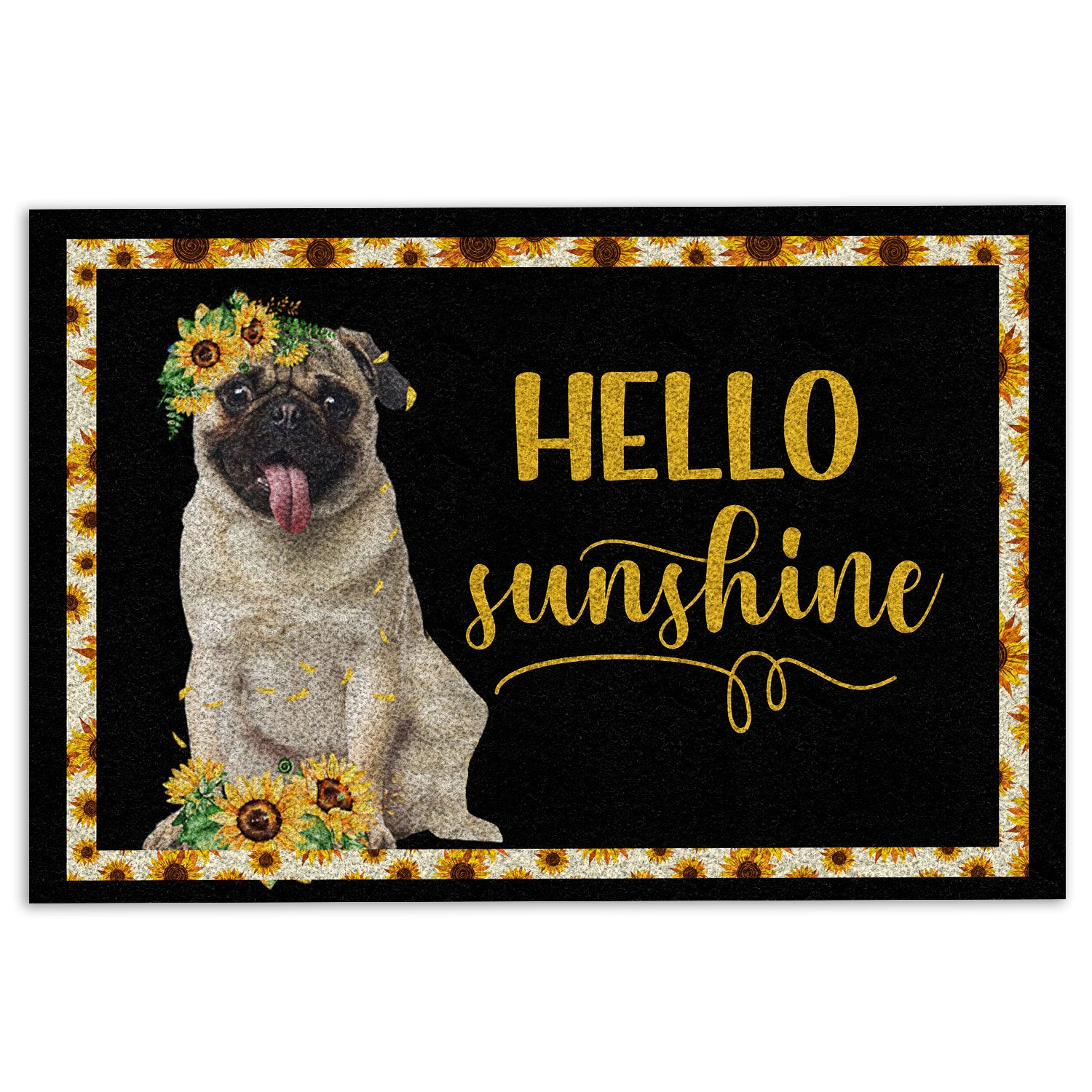 Pug Rubber Doormat, Pug Hello Sunflower Floral For Dog Puppy Lover Black Welcome Doormat, Indoor Outdoor Door Mat, Home Decor