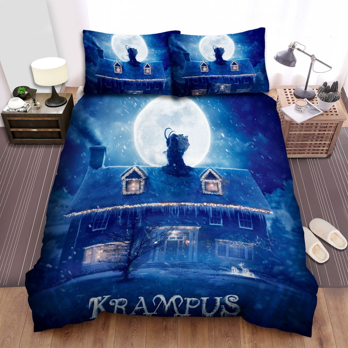 Krampus (I) With Moon Blue Bedding Set, Gift For Christmas, Birthday, Thanksgiving