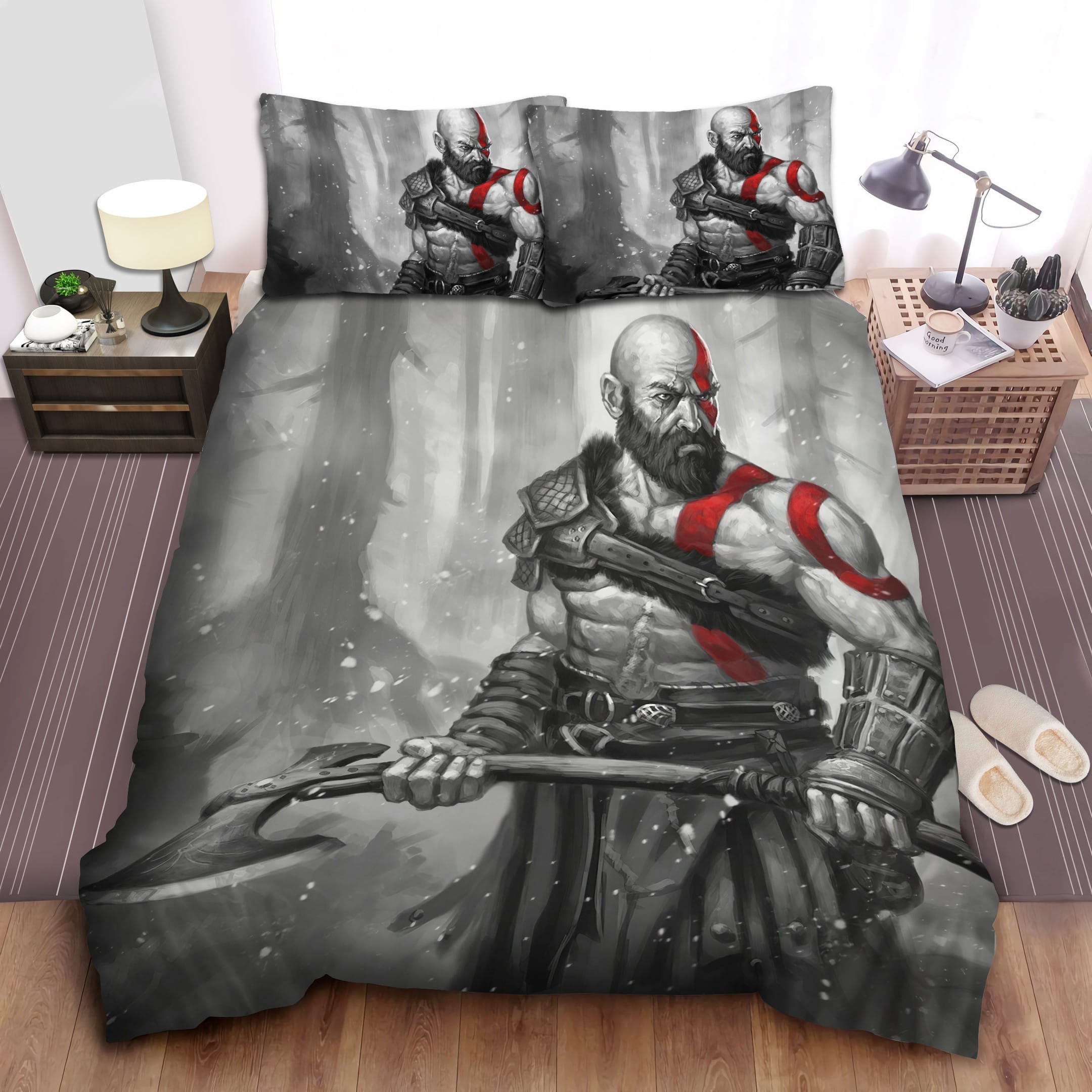 Kratos In The Snowy Forest Bedding Sets Duvet Cover, Flatsheet, Pillowcase For Your Lover