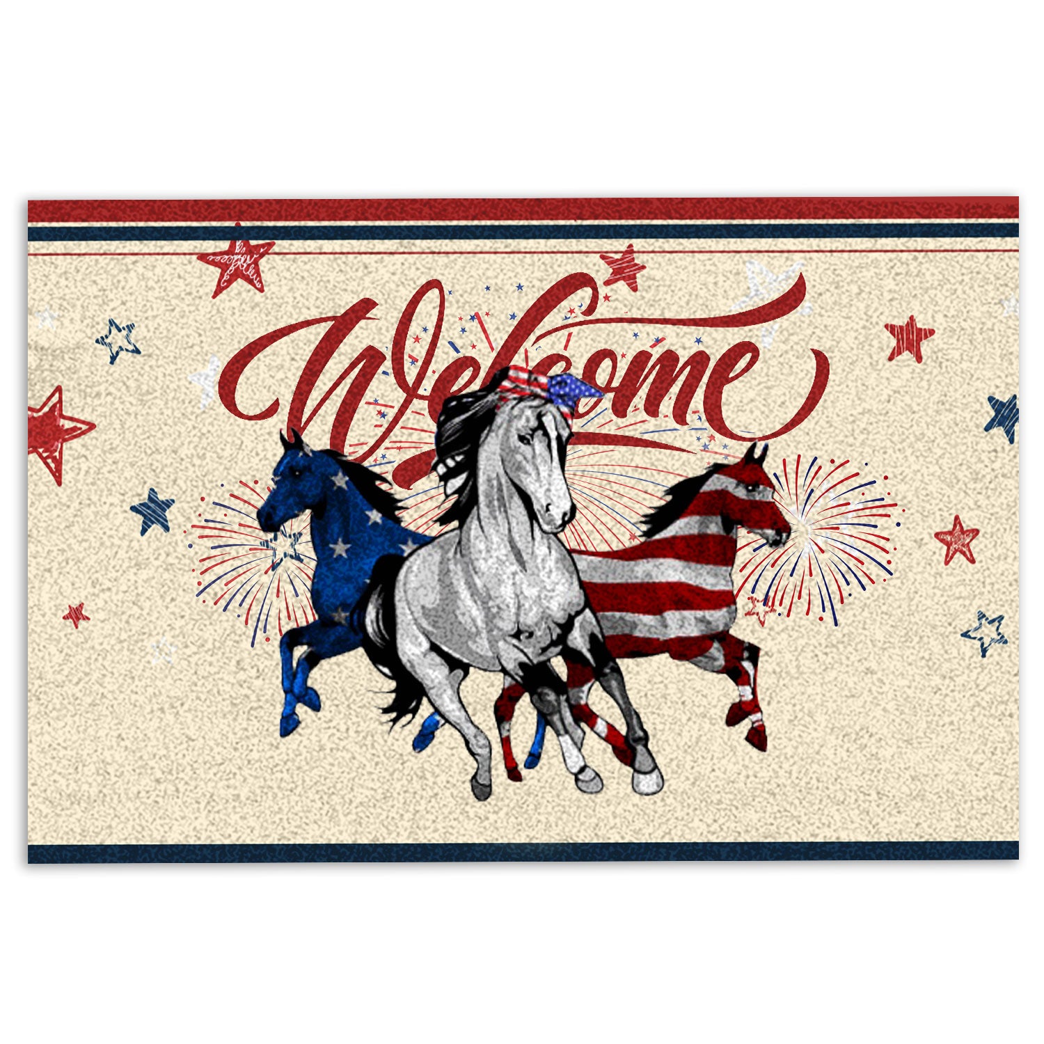 Horse Rubber Doormat, Horses Patriotic American Firework 4Th Of July Independence Day Welcome Doormat, Indoor Outdoor Door Mat, Home Decor