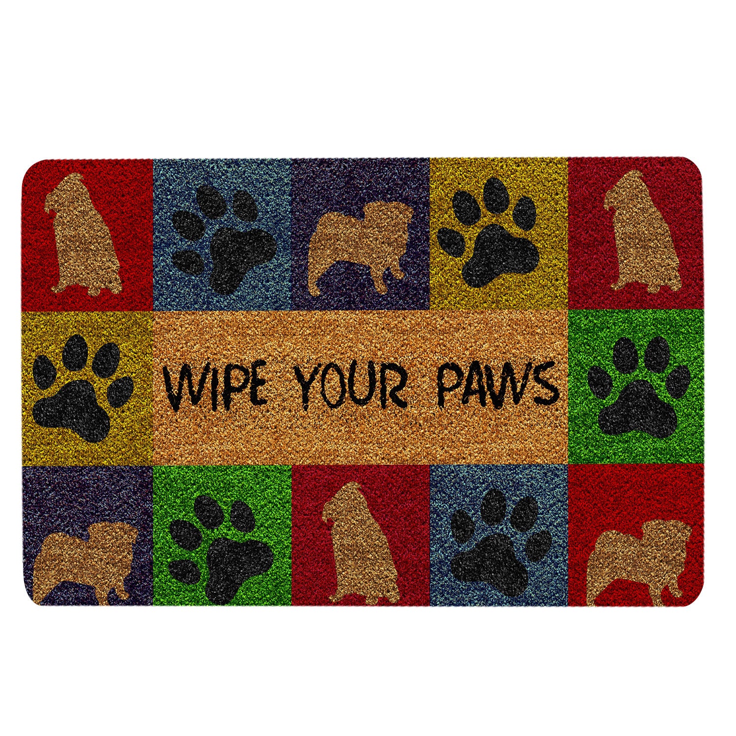 Pug Rubber Doormat, Pug Wipe Your Paws Colorful Pattern Unique Gift For Dog Lover Welcome Doormat, Indoor Outdoor Door Mat, Home Decor