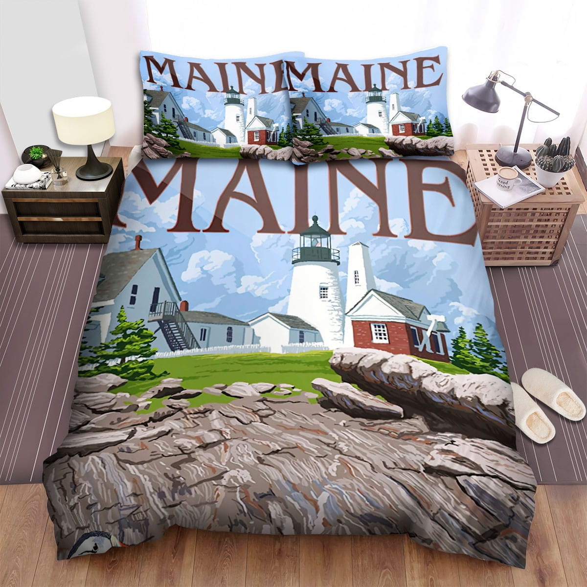 Maine Houses Near Ocean Bedding Sets, Flatsheet Gift For Wife, Husband, Besties