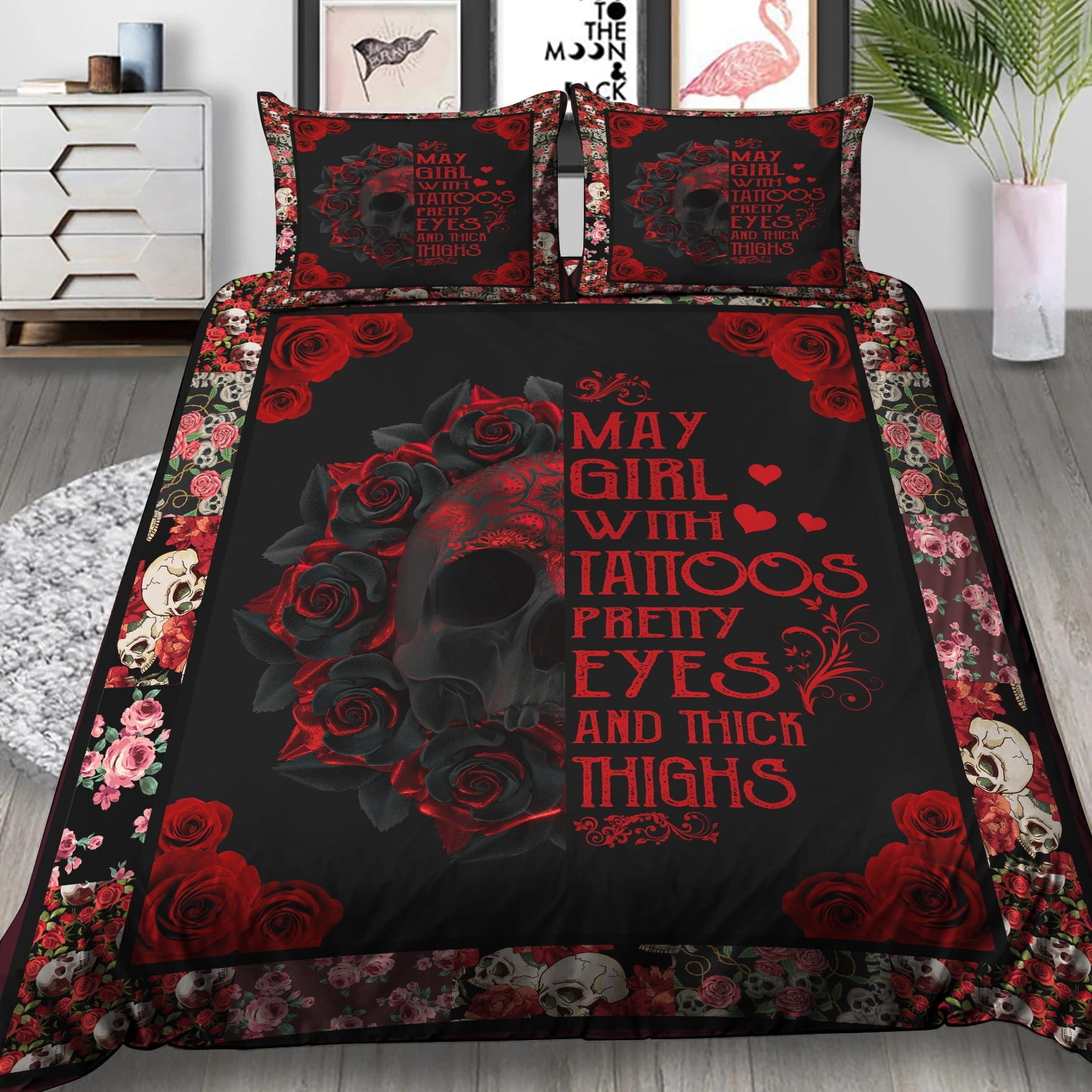 May Girl Red Skull Rose Bedding Sets Duvet Cover, Flatsheet, Pillowcase For Your Lover