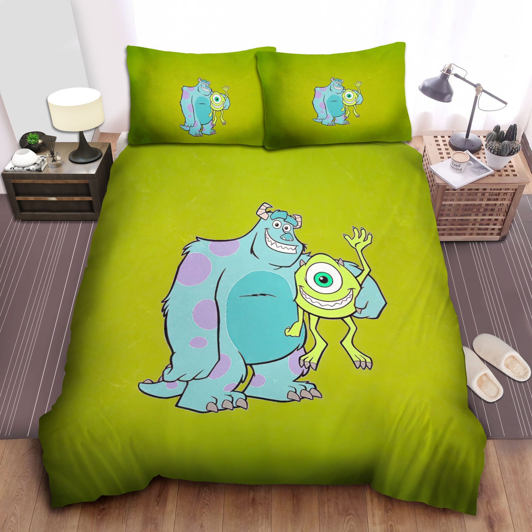 Mike And Sulley In Green Bedding Sets, Flatsheet Gift For Christmas, Thanksgiving, Halloween