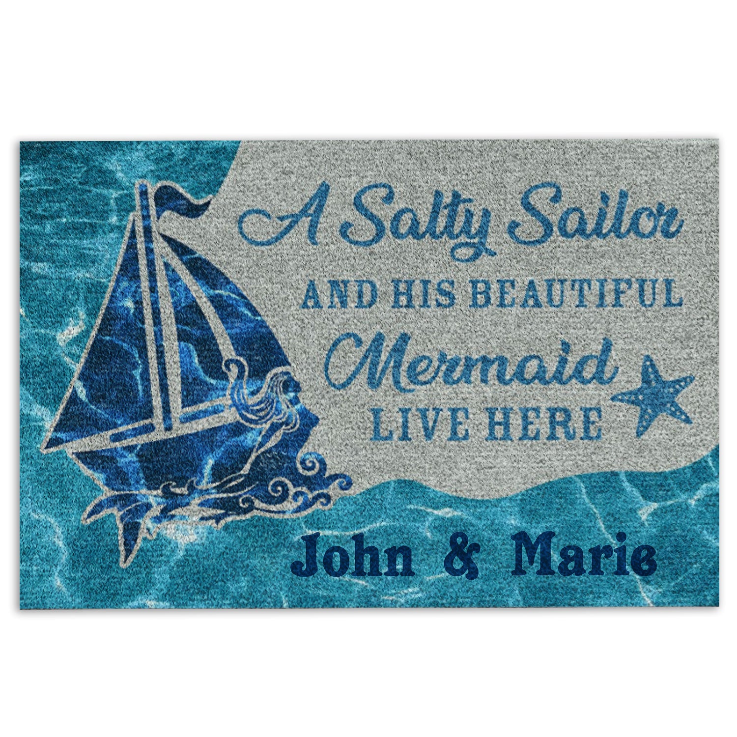 Mermaid Rubber Doormat, A Salty Sailor & His Mermaid Live Here Welcome Doormat, Custom Name Indoor Outdoor Door Mat, Home Decor