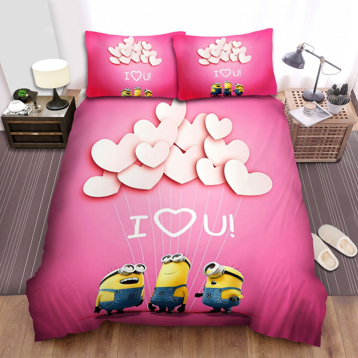 Minions Pink Background Bedding Sets Duvet Cover, Flatsheet, Pillowcase For Your Lover